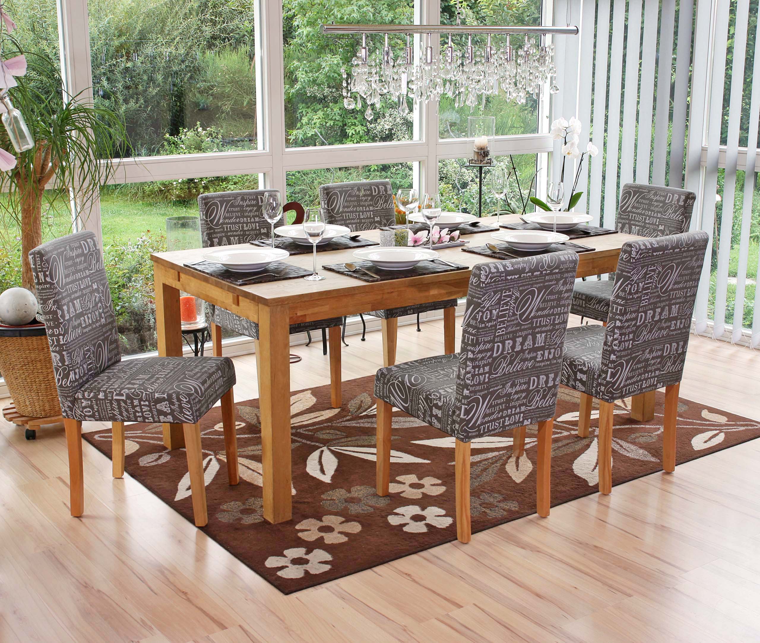 6er-Set Esszimmerstuhl Stuhl K&uuml;chenstuhl Littau ~ Textil mit Schriftzug, grau, helle Beine - Bild 1