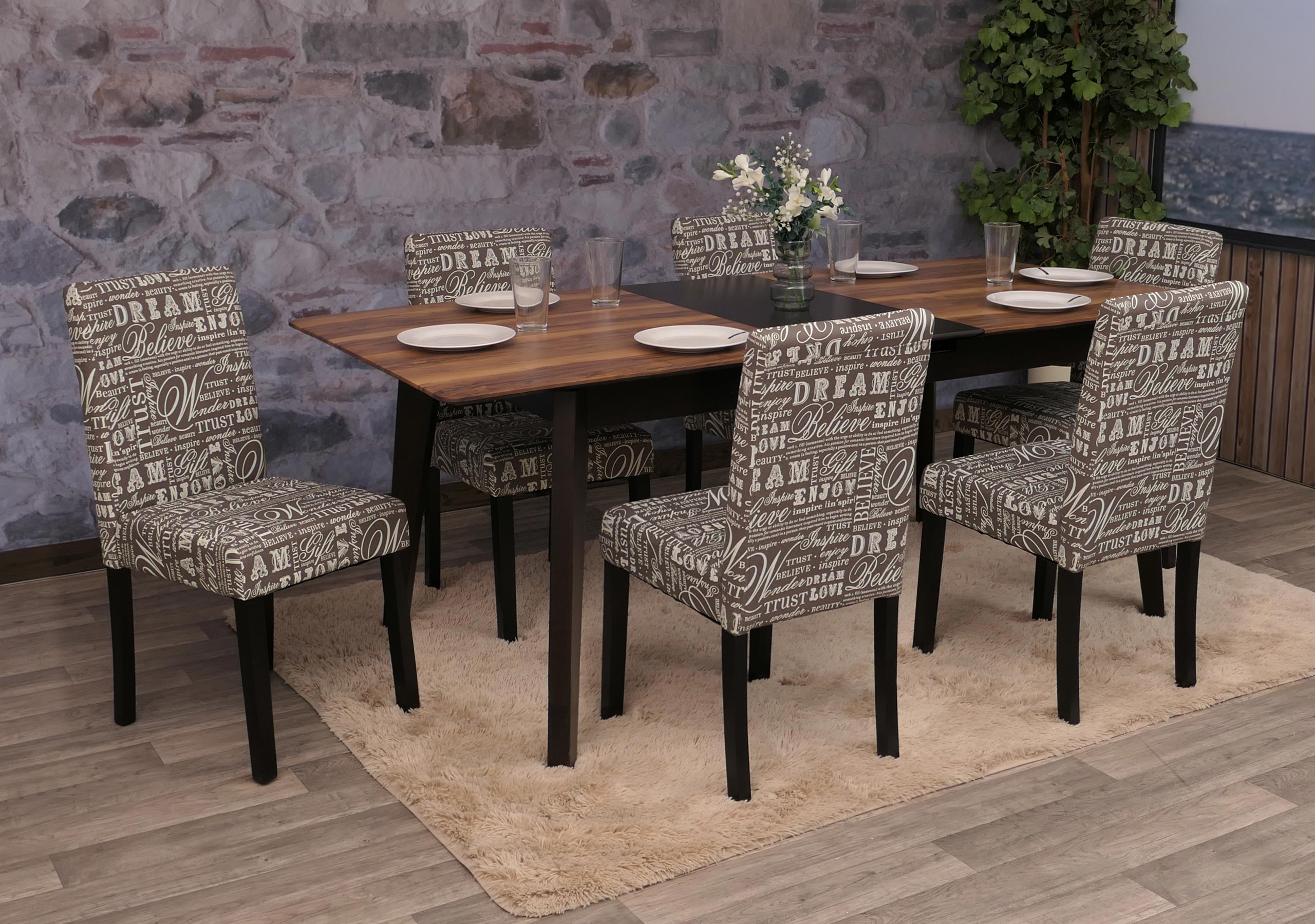 6er-Set Esszimmerstuhl Stuhl K&uuml;chenstuhl Littau ~ Textil mit Schriftzug, grau, dunkle Beine - Bild 1