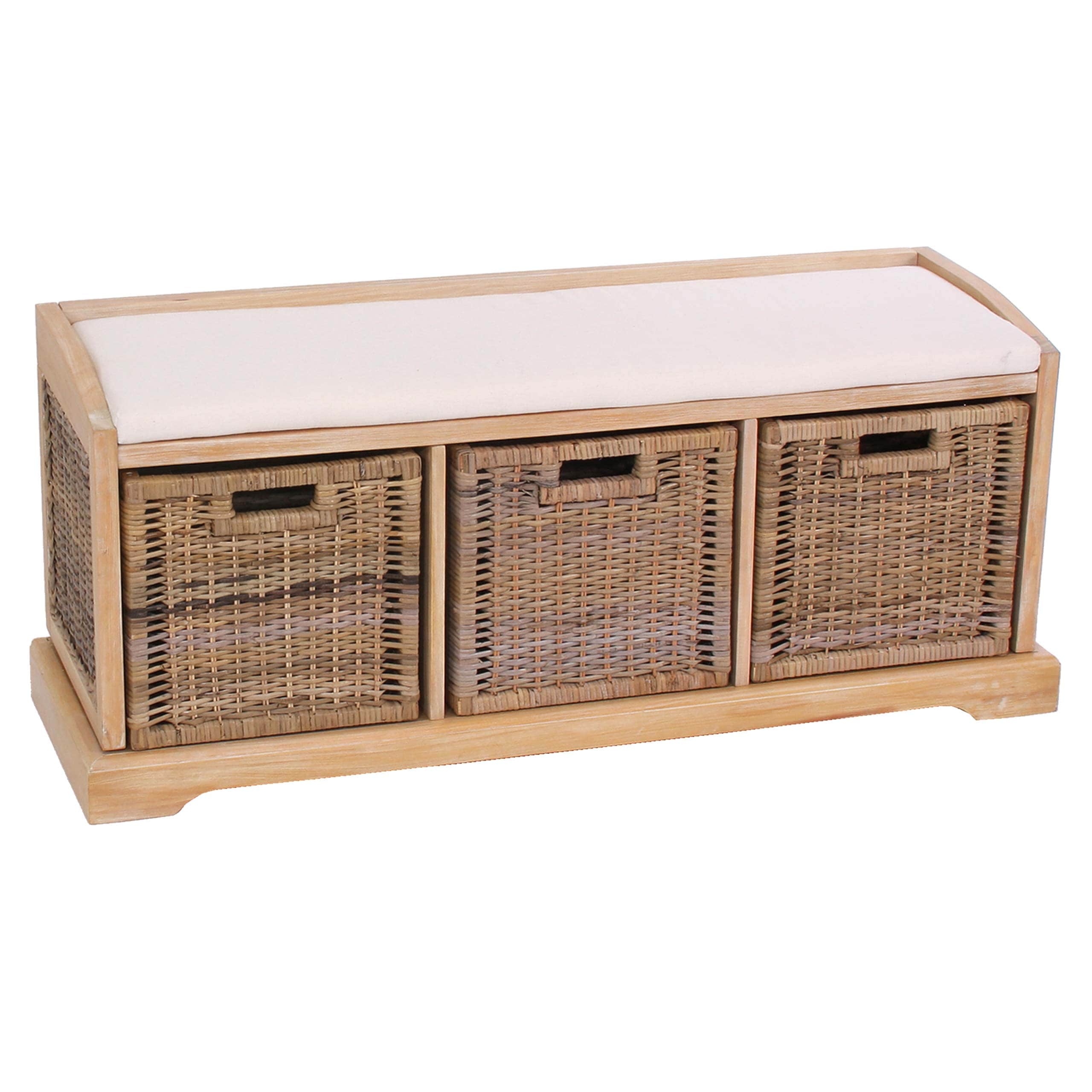 Sitzbank Adana, Aufbewahrungsbox, 3 K&ouml;rbe, Kubu-Rattan-Geflecht, 112x46x37cm ~ hell - Bild 1