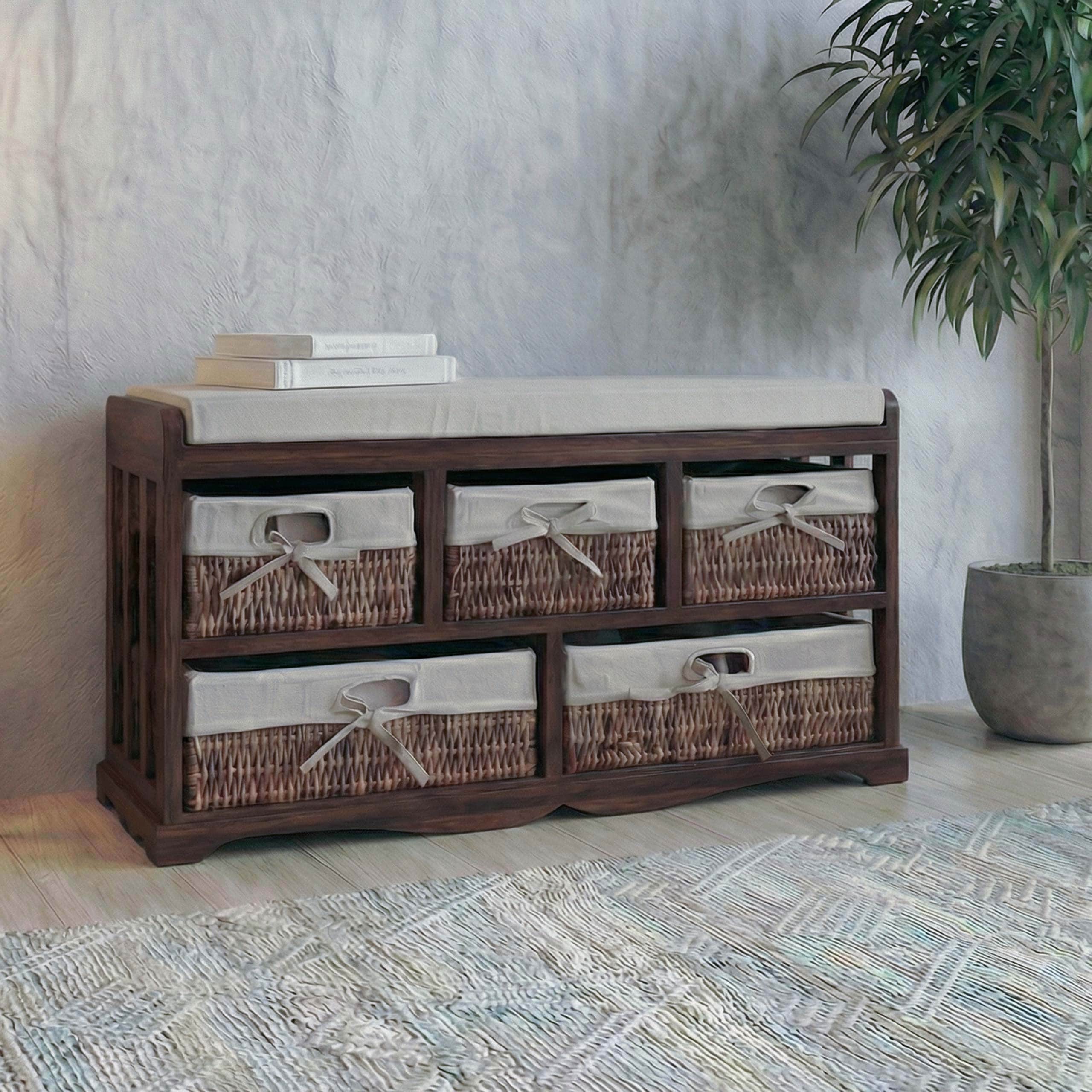 Kommode und Sitzbank mit 5 Schubladen, 45x77x36cm, Shabby-Look, Shabby Vintage ~ braun - Bild 1