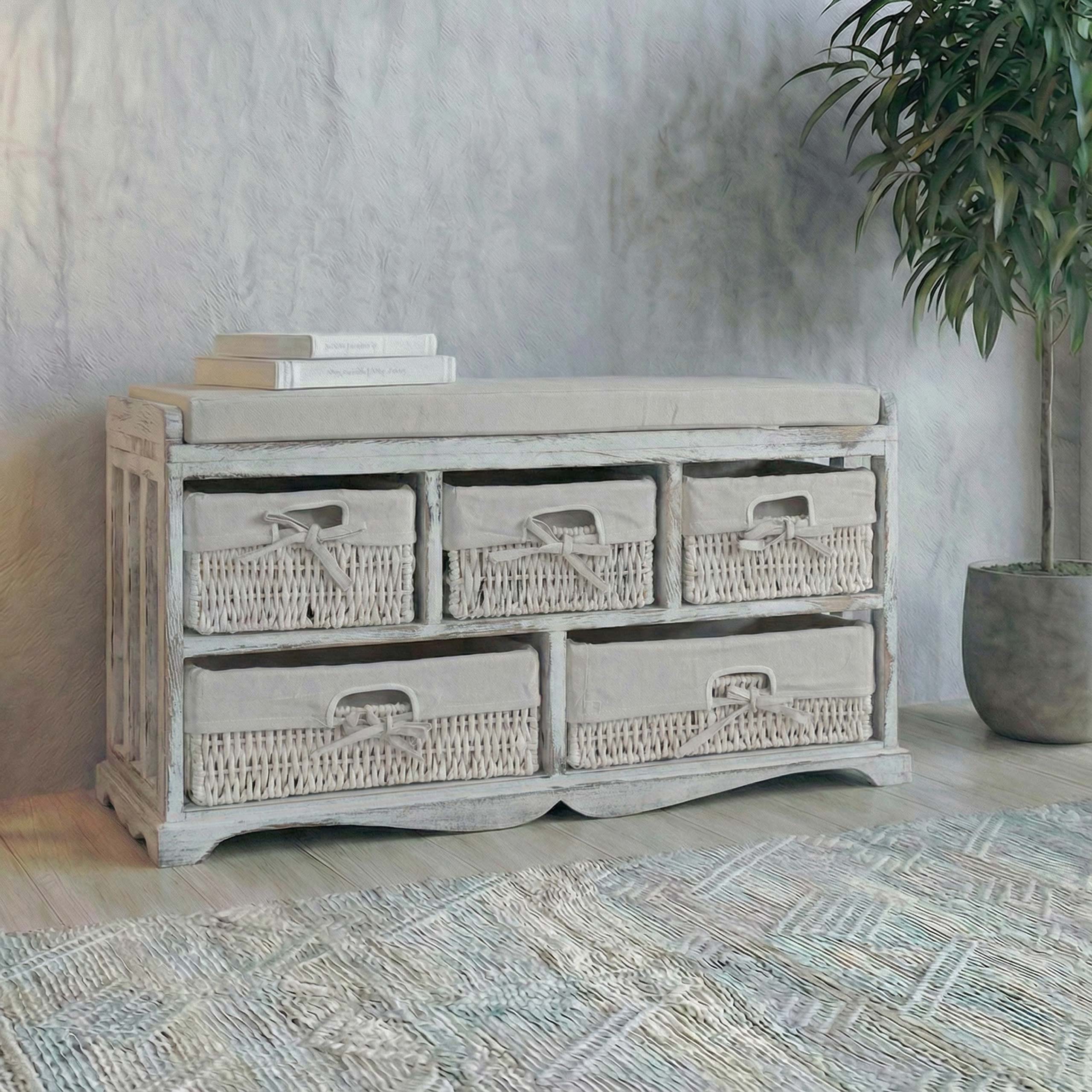 Kommode und Sitzbank mit 5 Schubladen, 45x77x36cm, Shabby-Look, Shabby Vintage ~ wei&szlig; - Bild 1