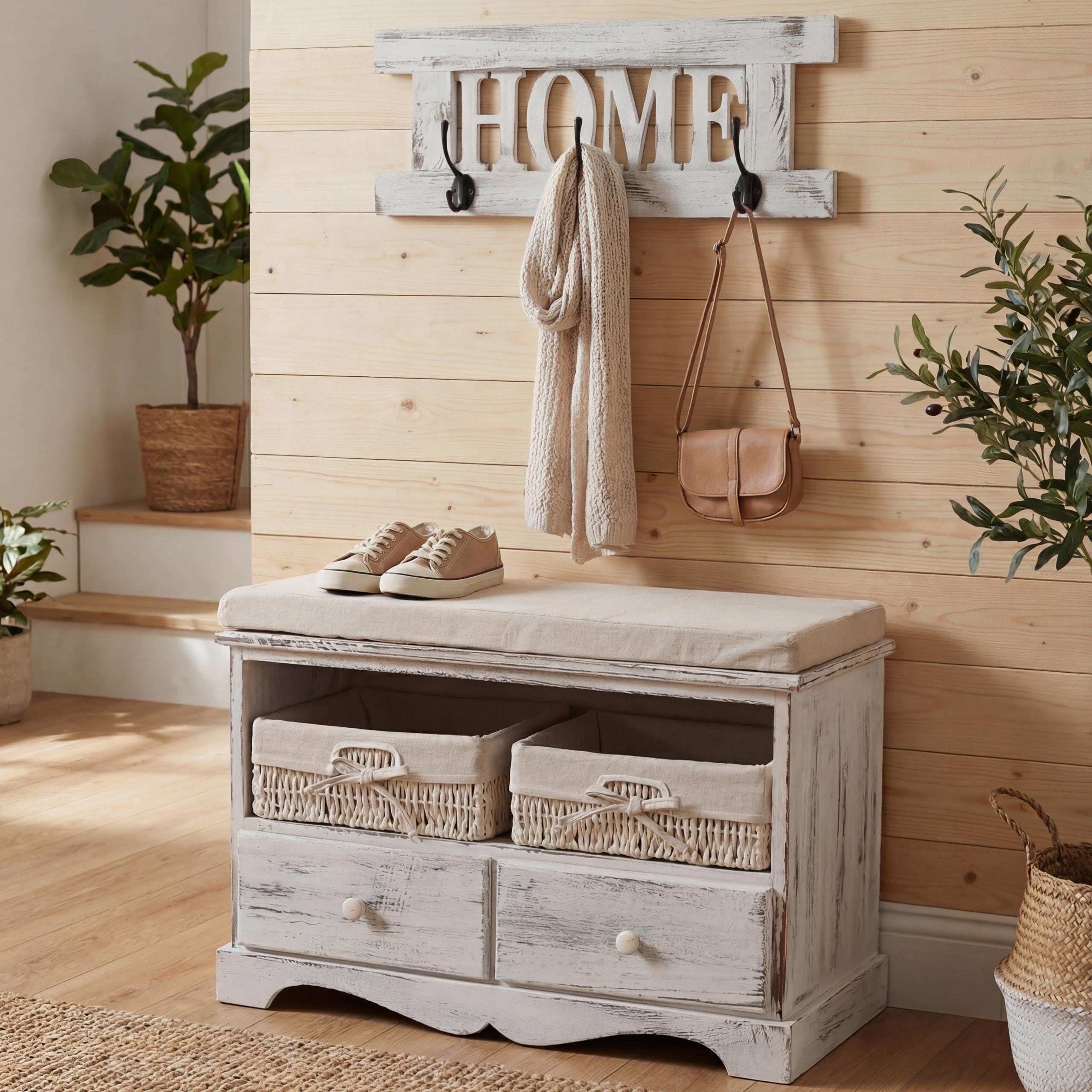Garderobe mit Sitzbank Kommode mit 2 K&ouml;rben 42x62x33cm, Shabby-Look, Vintage ~ wei&szlig; - Bild 1