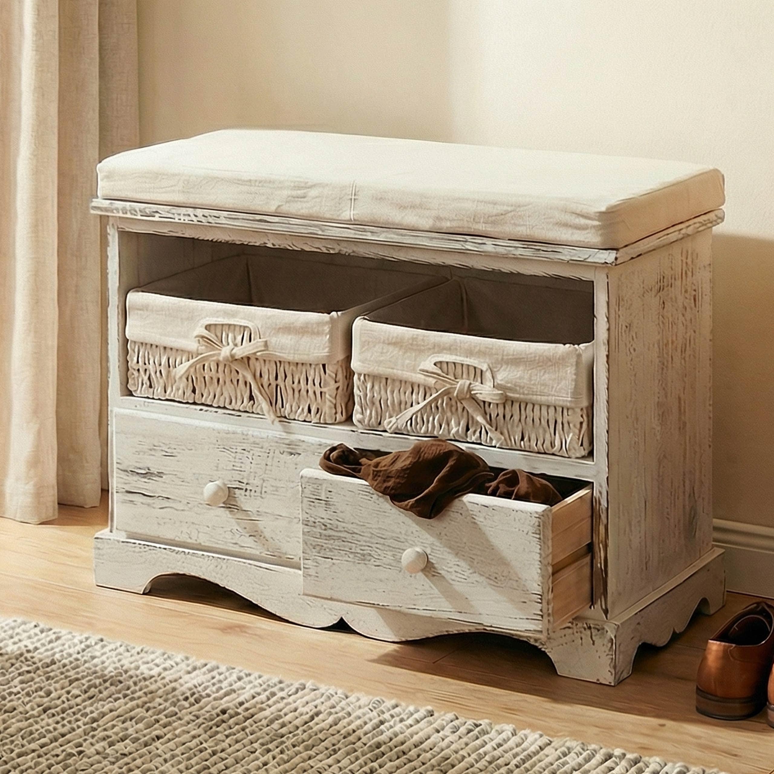 Sitzbank Kommode mit 2 K&ouml;rben 42x62x33cm, Shabby-Look, Vintage ~ wei&szlig; - Bild 1