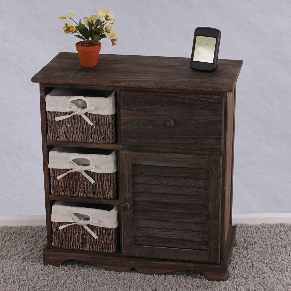 Kommode Schrank mit 3 K&ouml;rben 63x60x30cm, Shabby-Look, Vintage ~ braun - Bild 1
