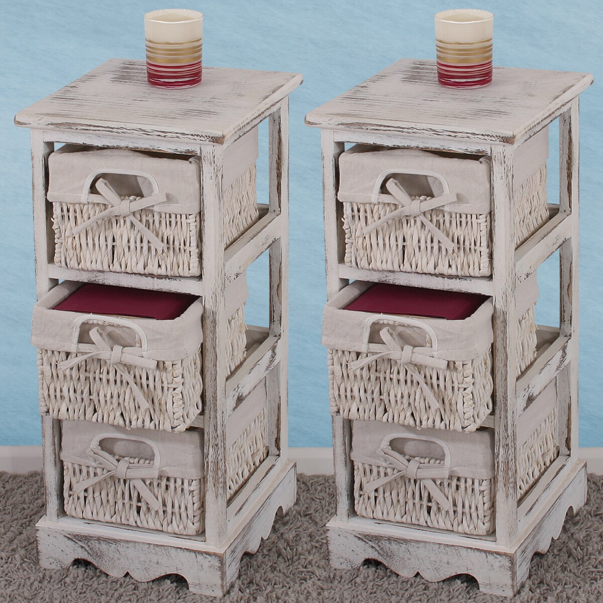 2xRegal Kommode mit 3 Korbschubladen 58x25x28cm, Shabby-Look, Vintage ~ weiß | 04052826028351
