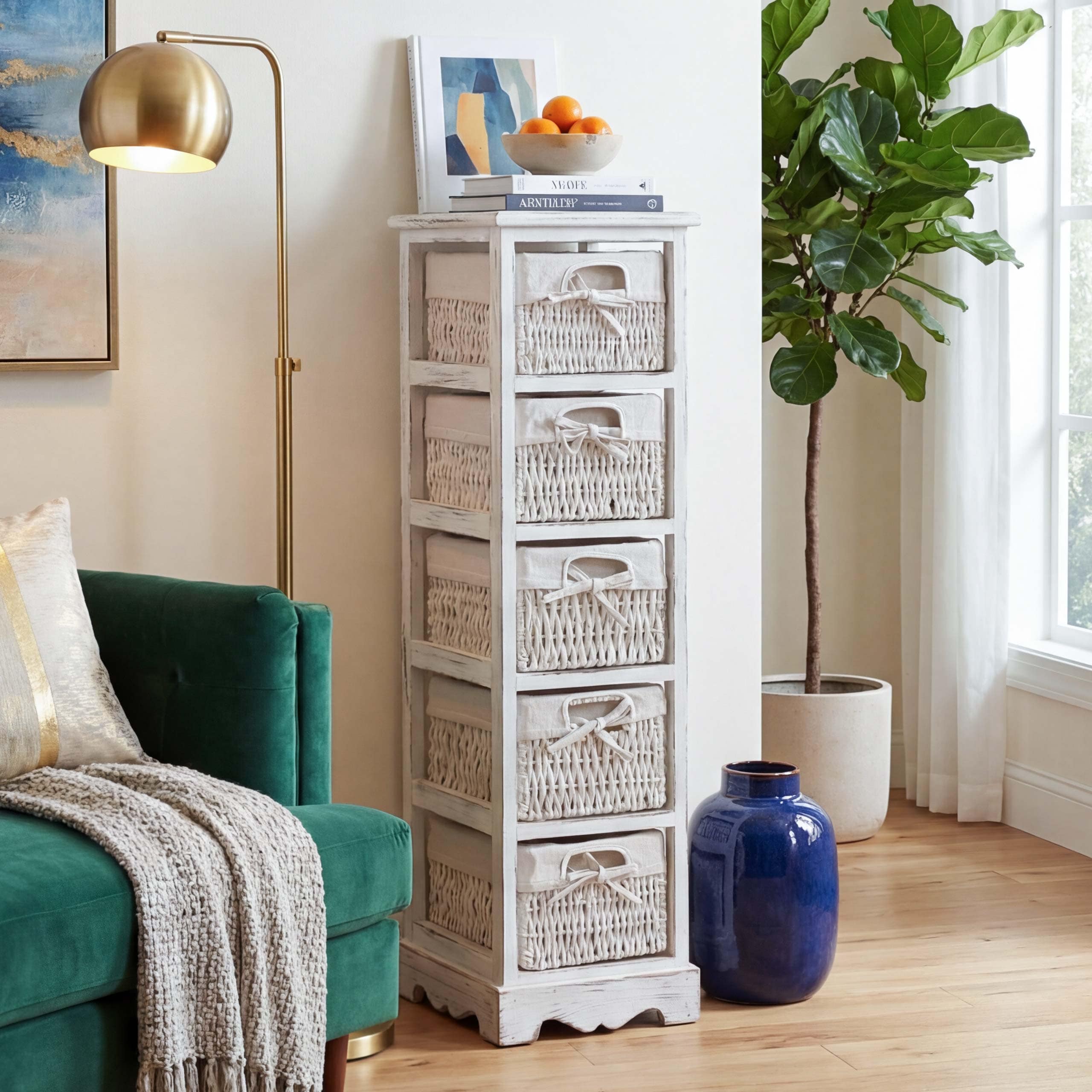 Regal Kommode mit 5 Korbschubladen 90x25x28cm, Shabby-Look, Vintage ~ wei&szlig; - Bild 1