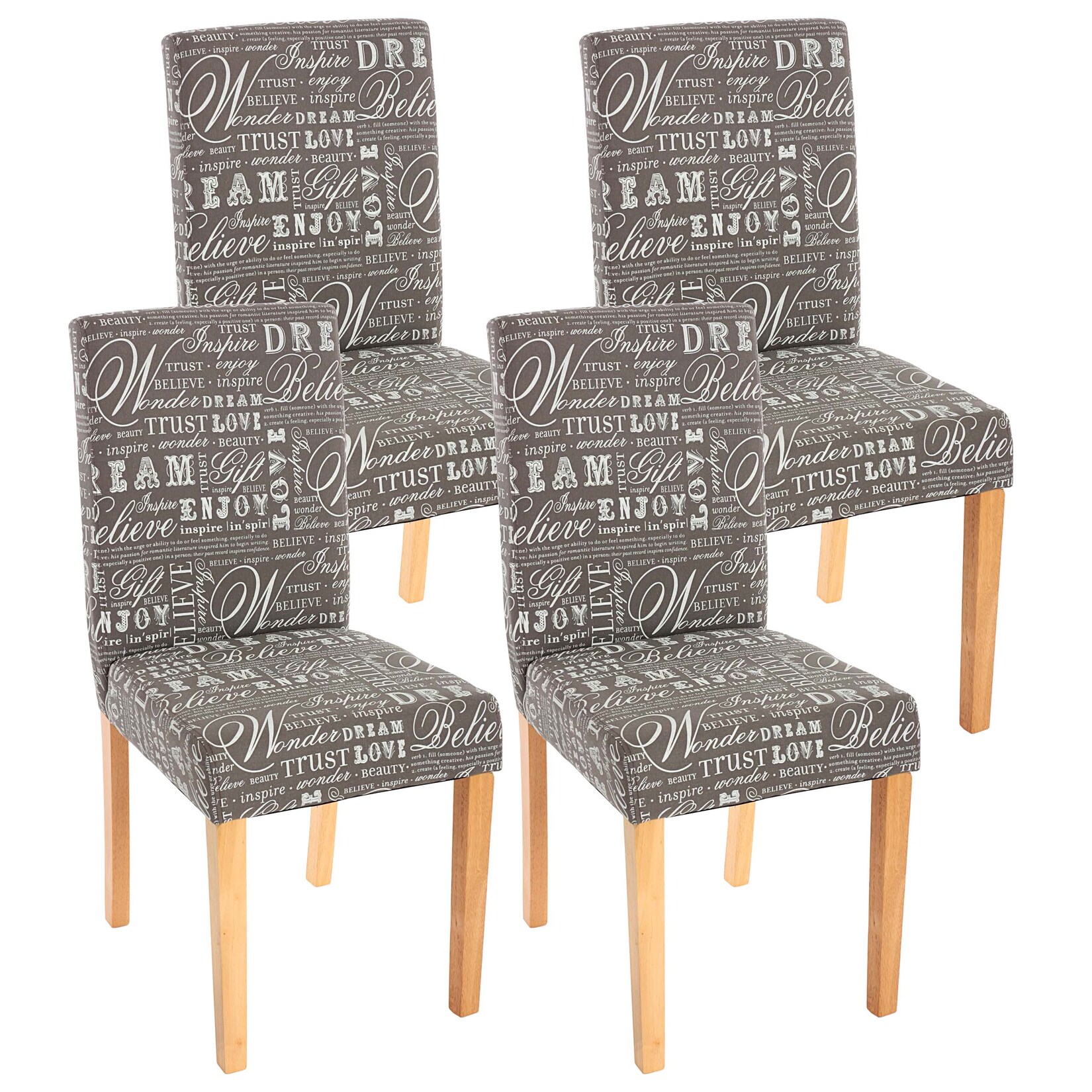 4er-Set Esszimmerstuhl Stuhl Küchenstuhl Littau ~ Textil mit Schriftzug, grau, helle Beine