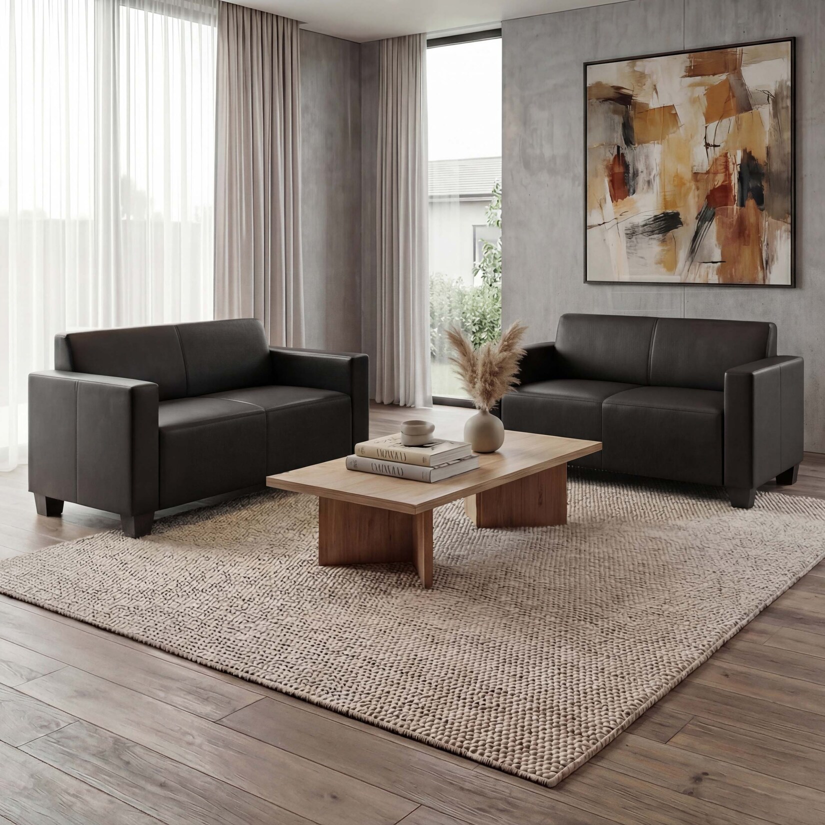 Sofa-Garnitur Couch-Garnitur 2x 2er Sofa Moncalieri Kunstleder ~ schwarz