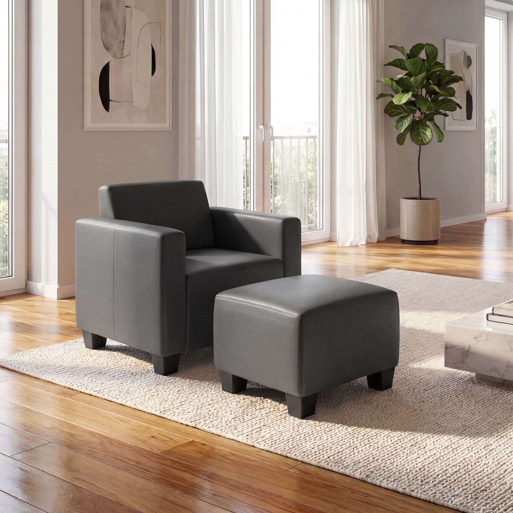 Modular Sessel Loungesessel mit Ottomane Moncalieri, Kunstleder ~ dunkelgrau
