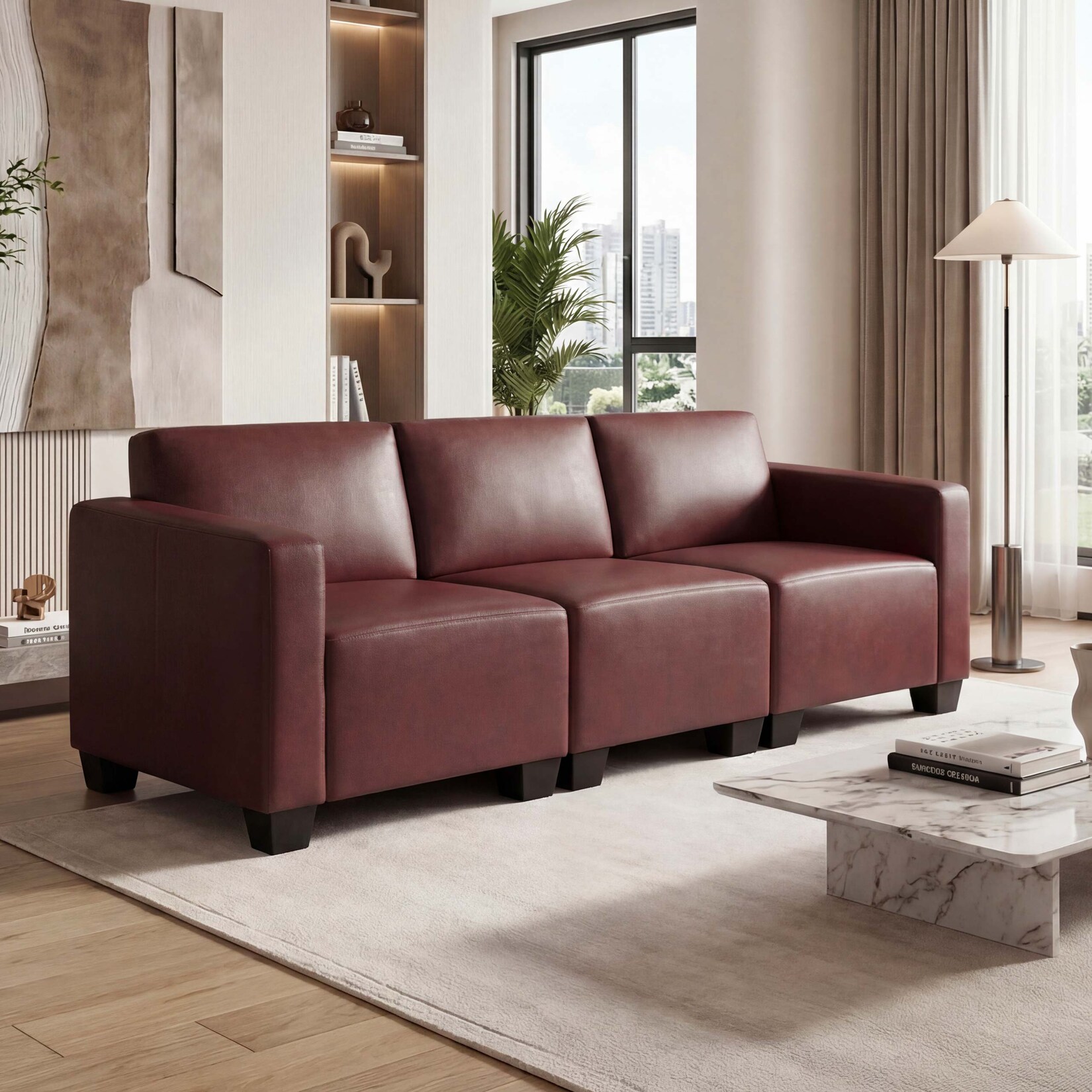 Modular 3-Sitzer Sofa Couch Moncalieri, Kunstleder ~ rot-braun