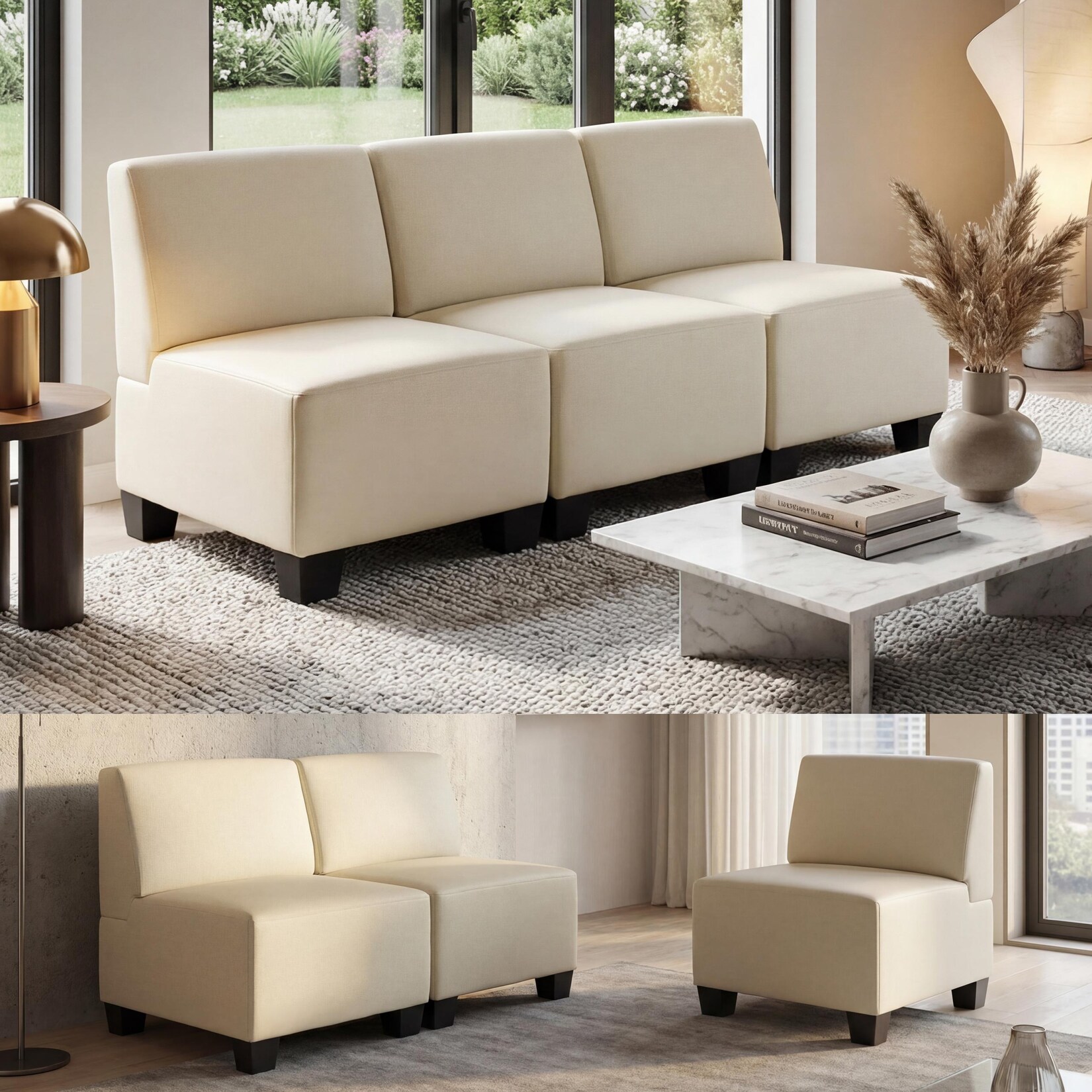 Modular 3-Sitzer Sofa Moncalieri, Kunstleder ~ creme, ohne Armlehnen