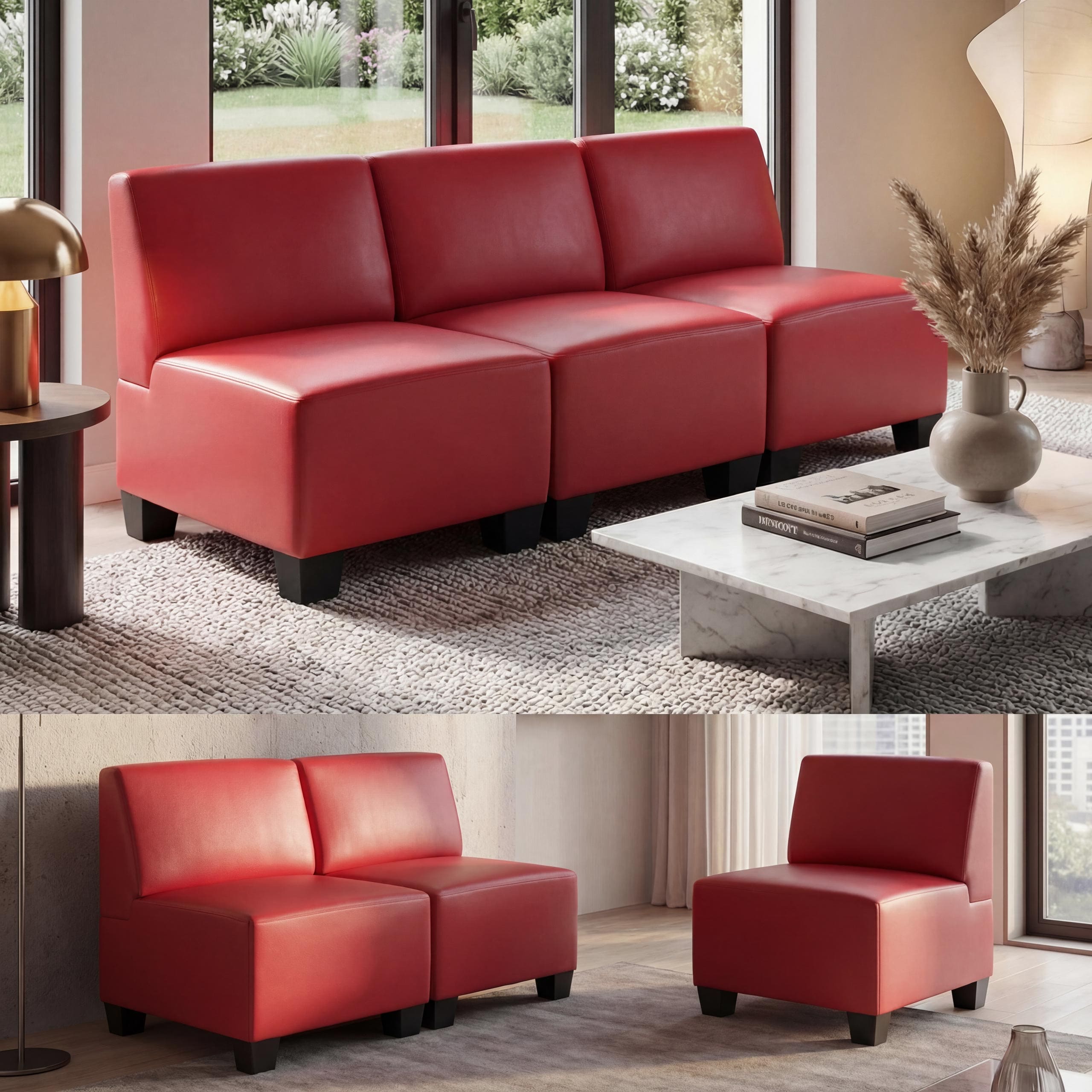 Modular 3-Sitzer Sofa Moncalieri, Kunstleder ~ rot, ohne Armlehnen - Bild 1