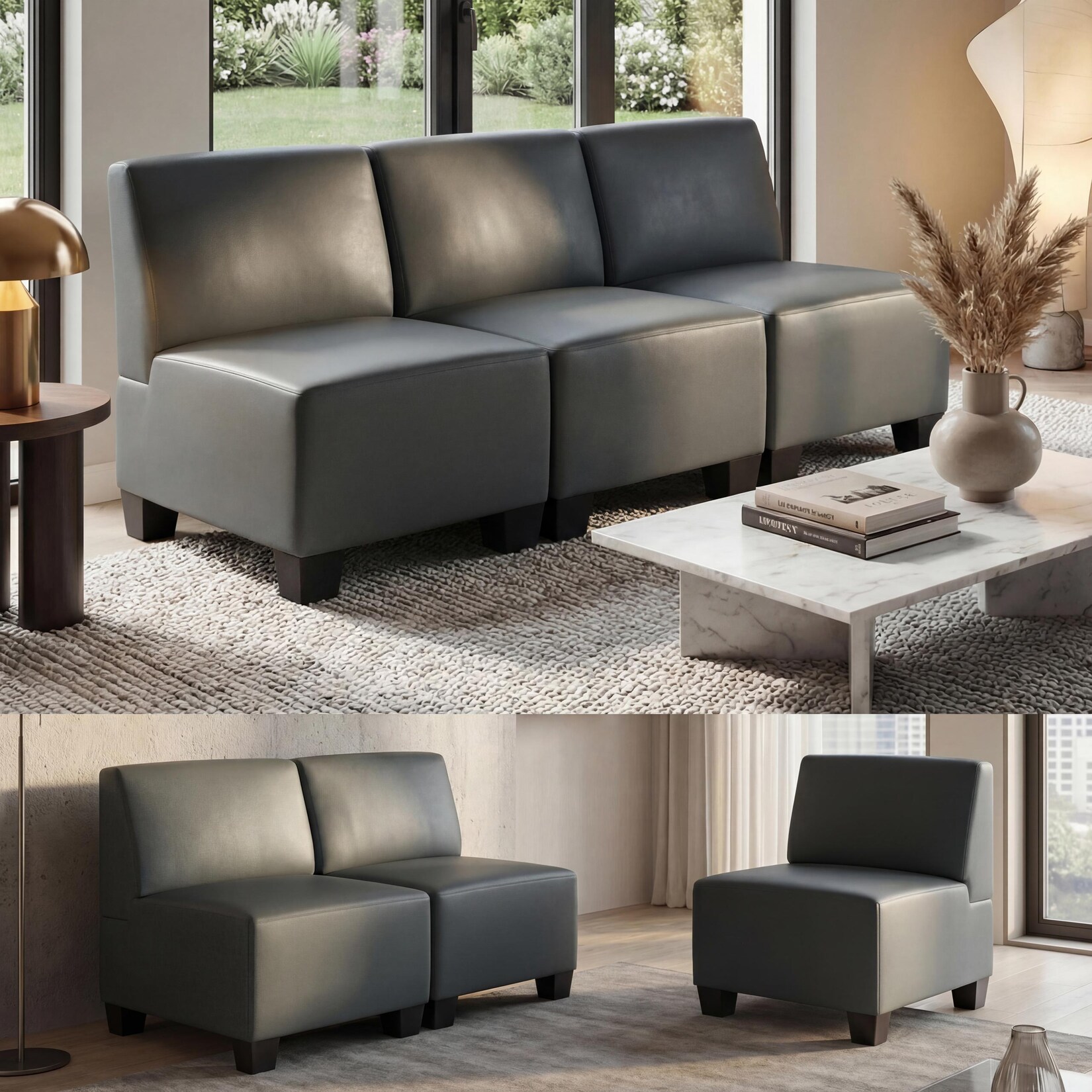 Modular 3-Sitzer Sofa Couch Lyon, Kunstleder ~ dunkelgrau, ohne Armlehnen