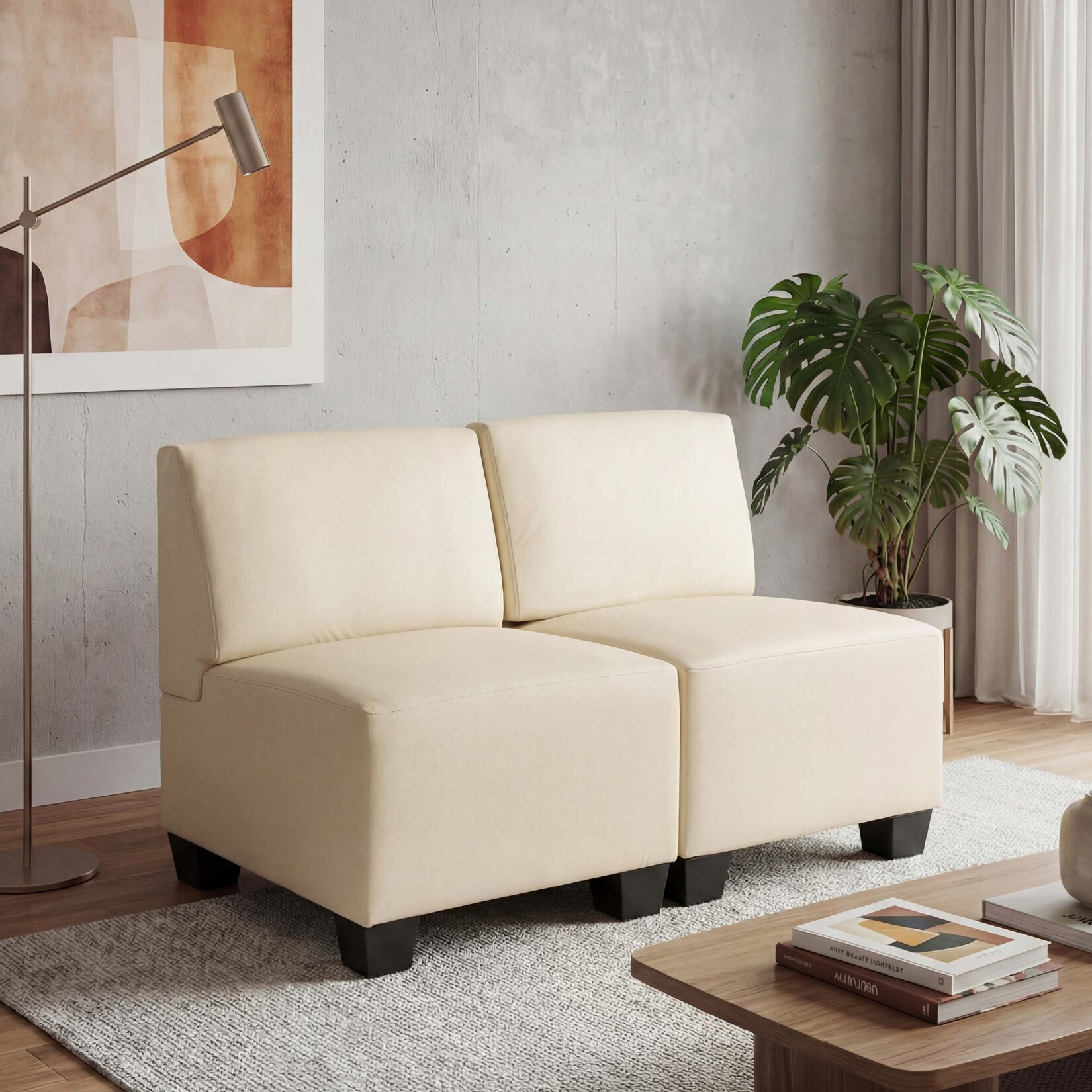 Modular 2-Sitzer Sofa Couch Moncalieri, Kunstleder ~ creme, ohne Armlehnen