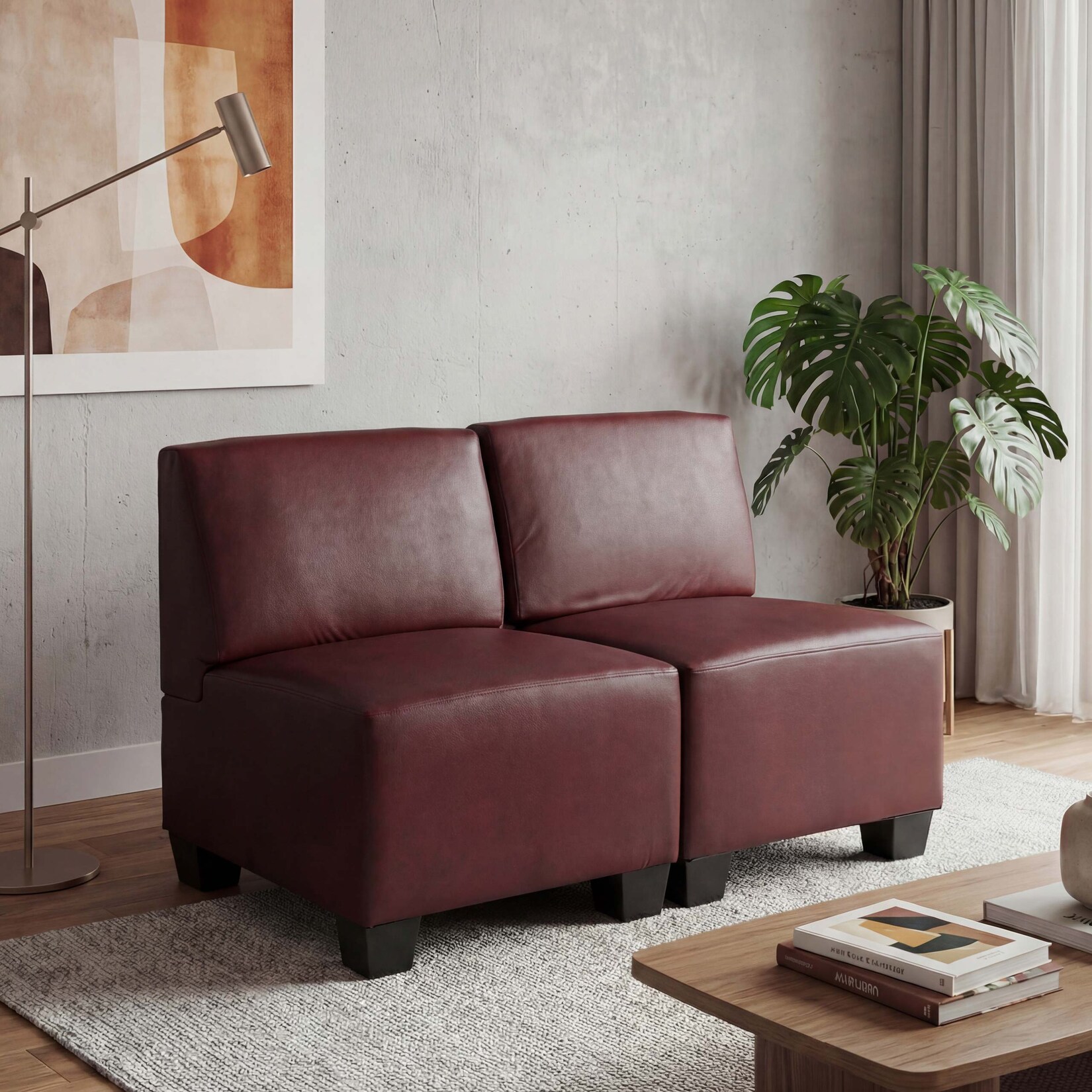 Modular 2-Sitzer Sofa Couch Moncalieri, Kunstleder ~ rot-braun, ohne Armlehnen
