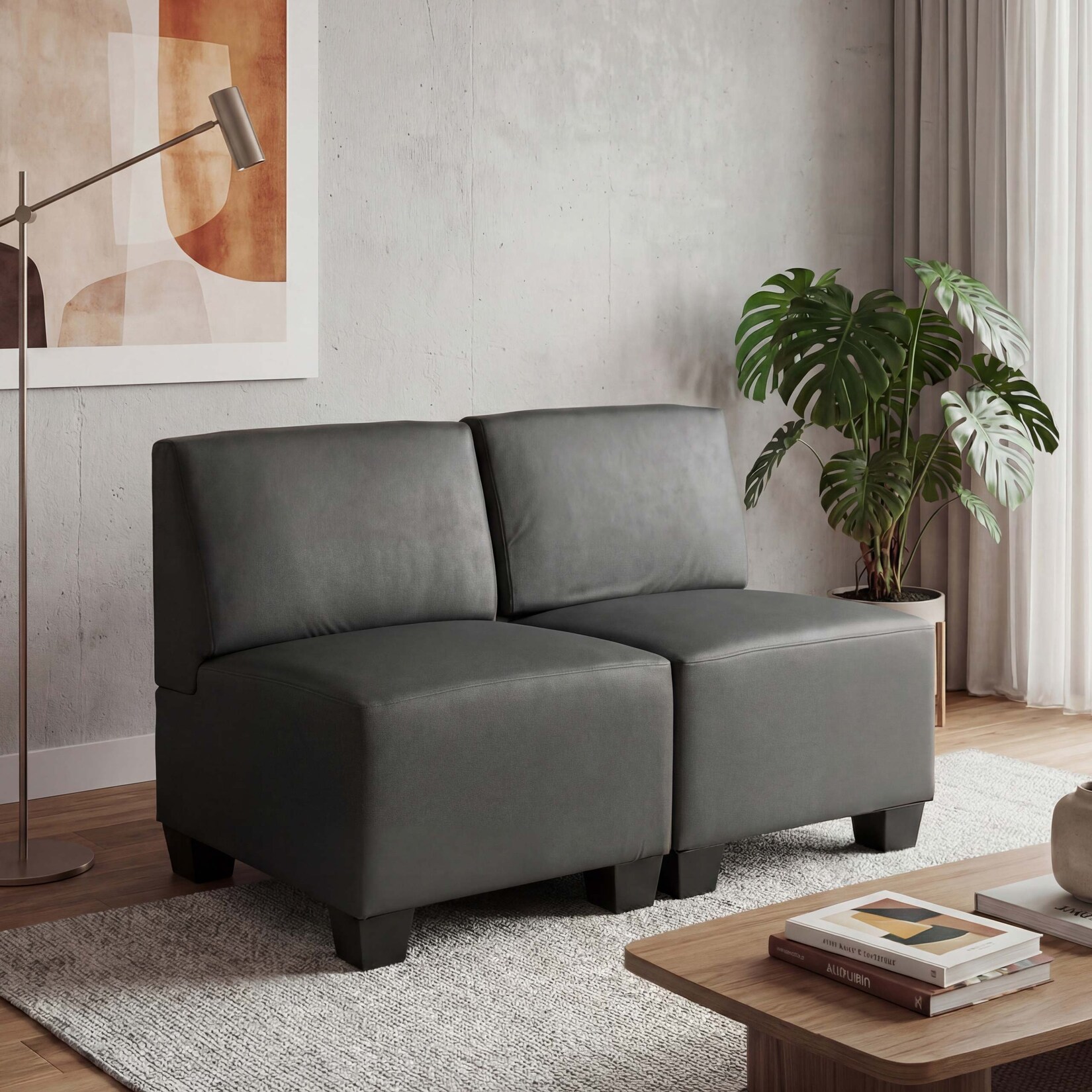 Modular 2-Sitzer Sofa Couch Moncalieri, Kunstleder ~ dunkelgrau, ohne Armlehnen