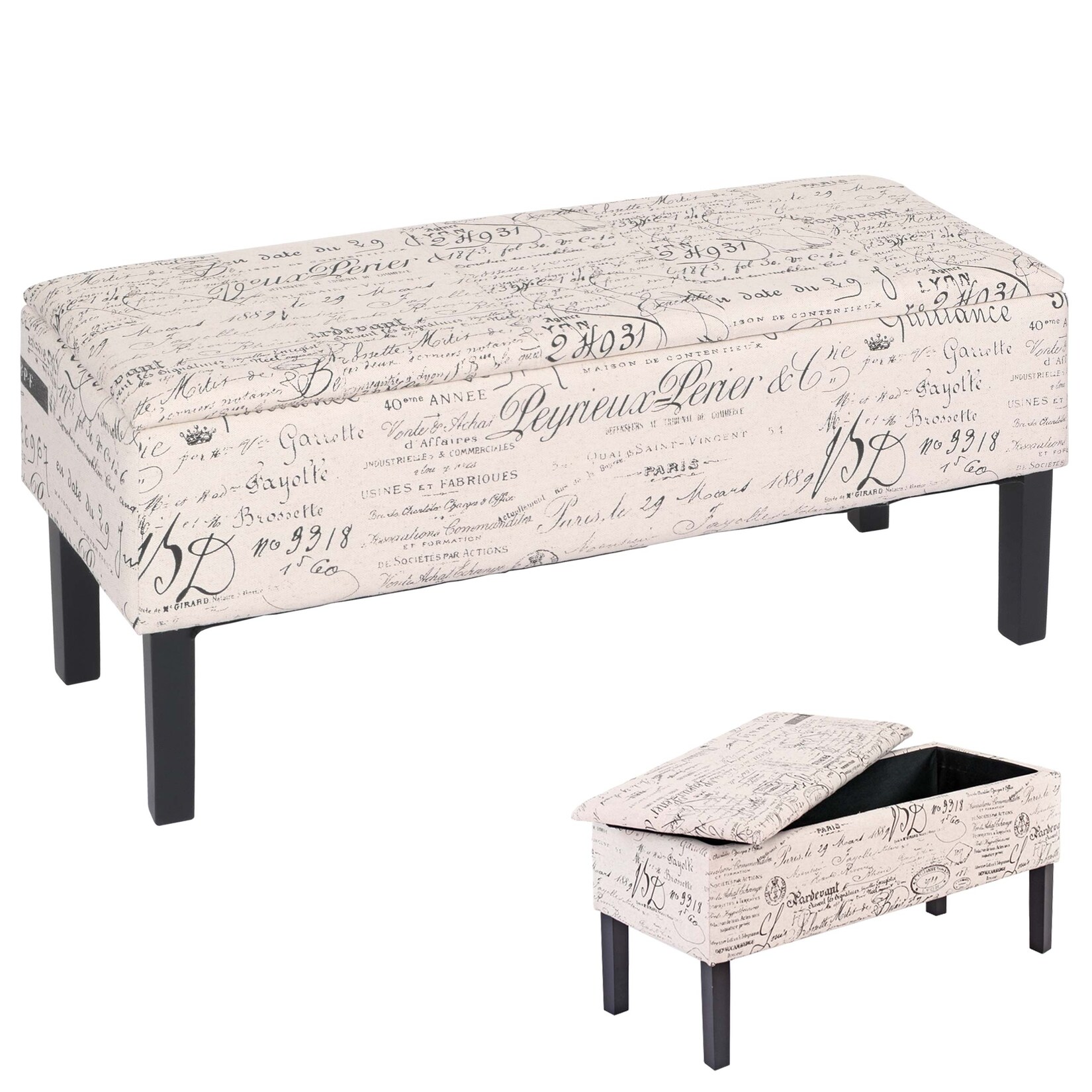 Bank Sitzbank Aufbewahrungstruhe Renens Stoff/Textil 95x36x44 cm MVG-zertifiziert ~ Schriftzug creme | 04052826030200