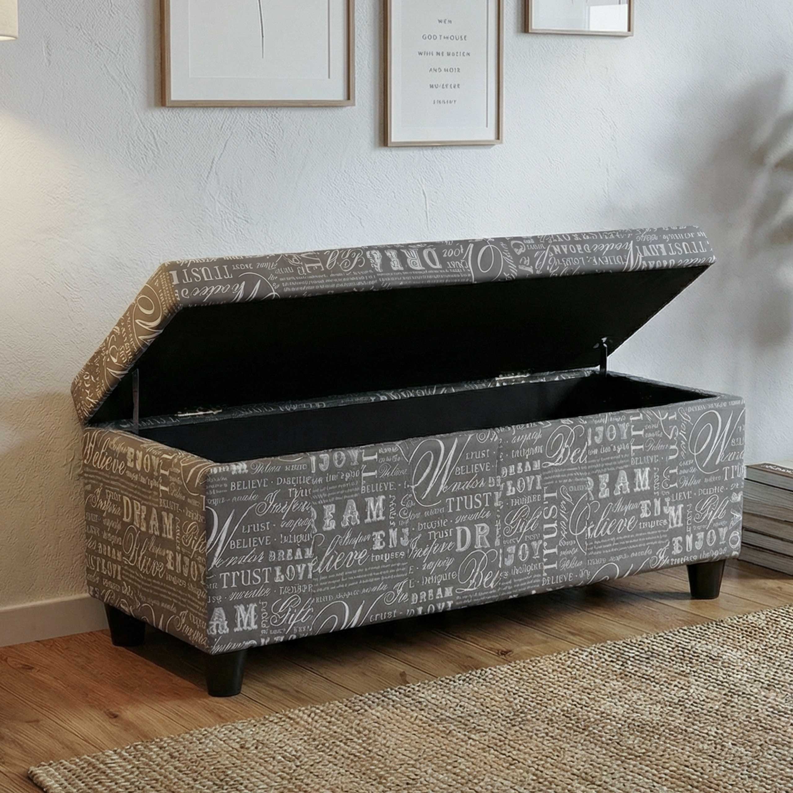 Aufbewahrungs-Truhe Kriens, Sitzbank Bank, Stoff/Textil, 45x114x45cm MVG-zertifiziert ~ Schriftzug, grau - Bild 1