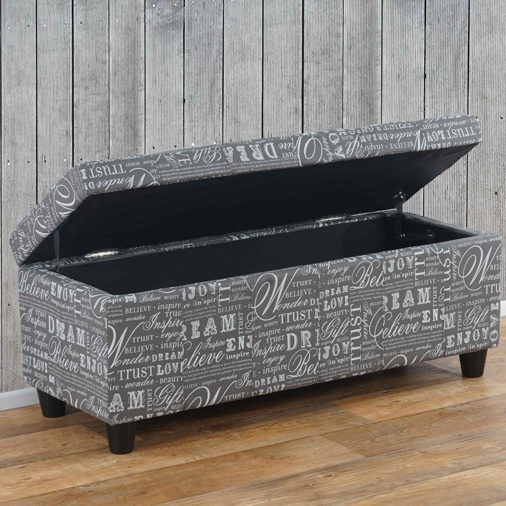 Aufbewahrungs-Truhe Kriens, Sitzbank Bank, Stoff/Textil, 45x114x45cm MVG-zertifiziert ~ Schriftzug, grau