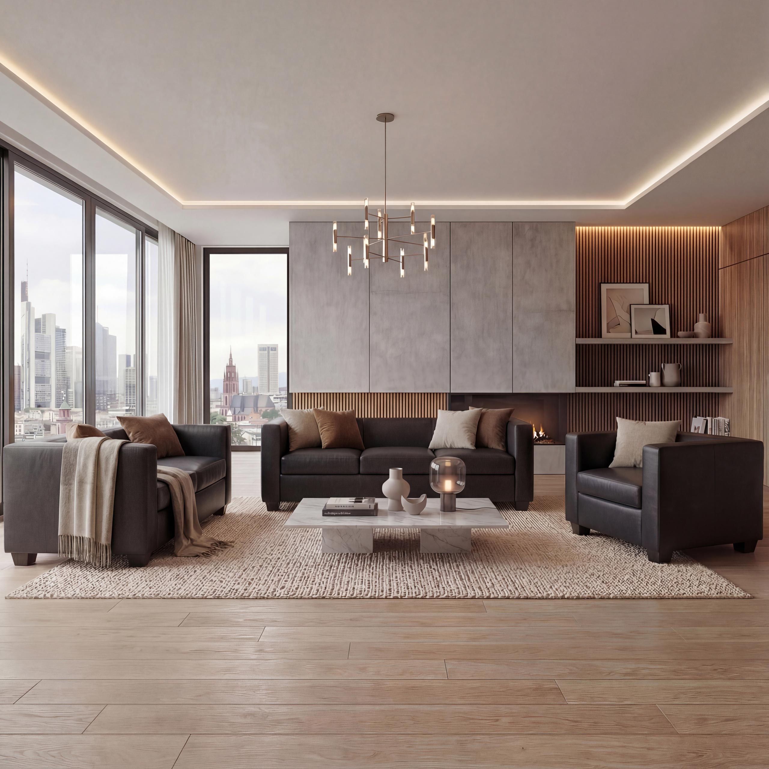 3-2-1 Couchgarnitur Lille ~ Leder, schwarz - Bild 1