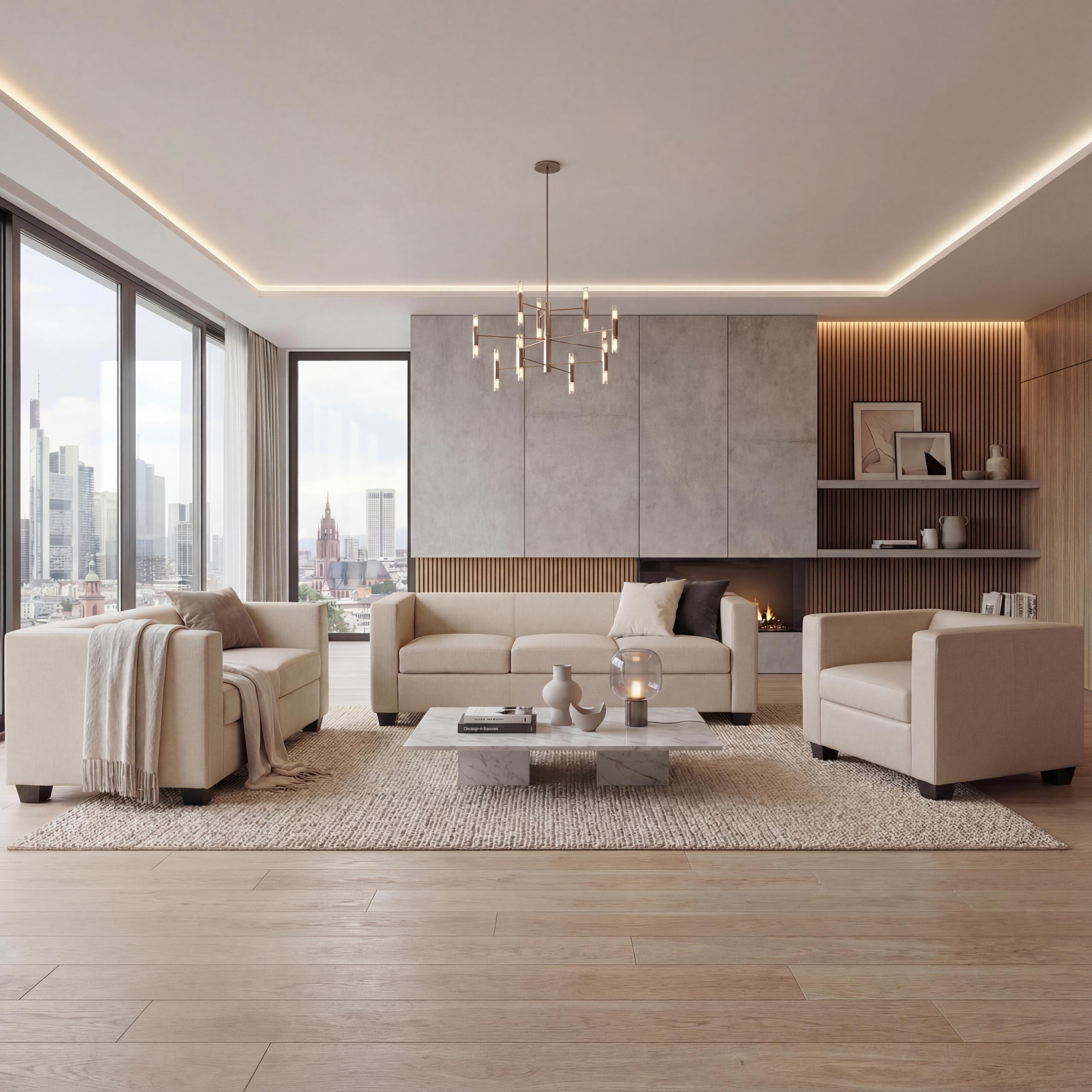 3-2-1 Couchgarnitur Lille ~ Leder, creme - Bild 1