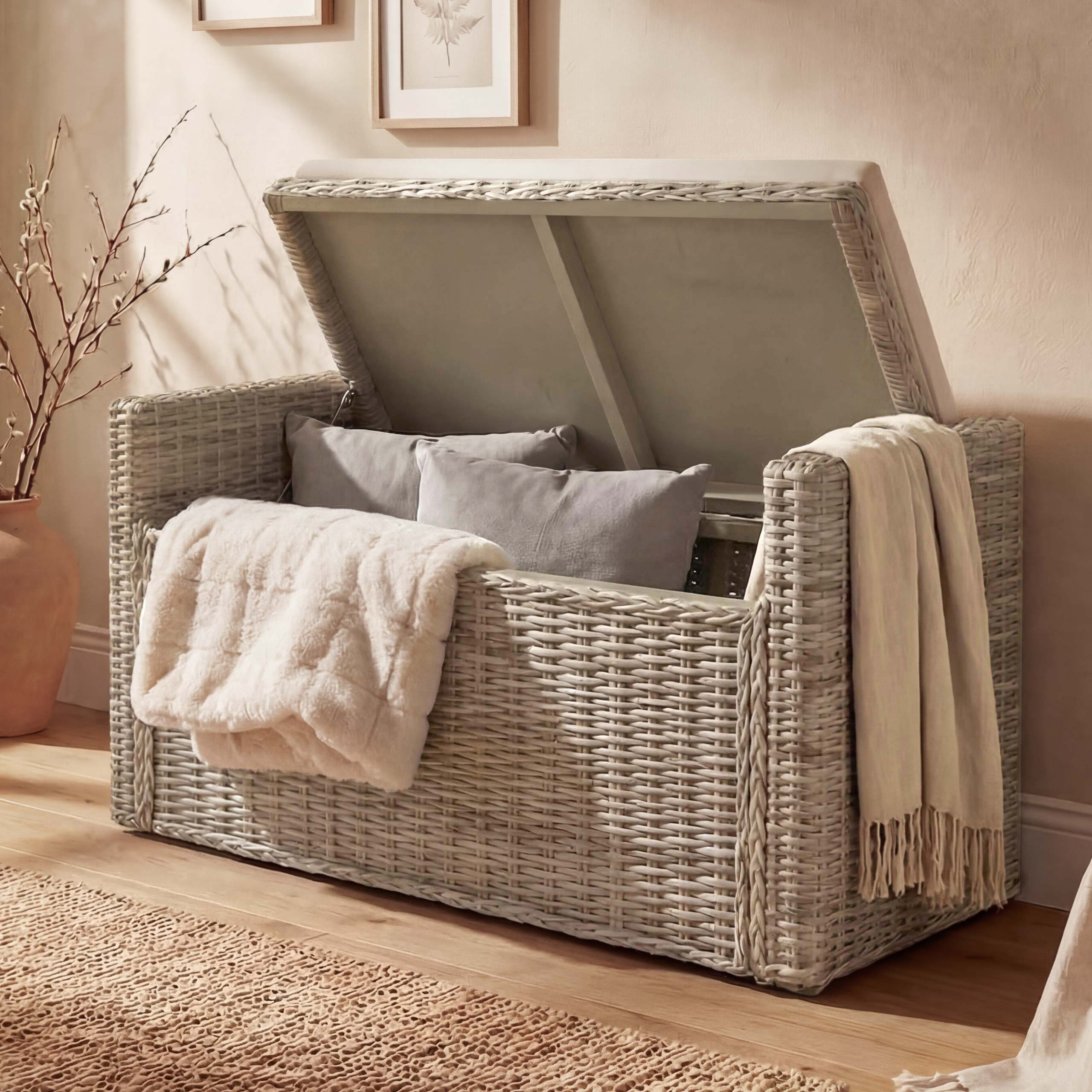 Aufbewahrungstruhe Genua, Truhe Sitzbank Garderobenbank, Kissen Kubu Rattan 88cm ~ kubu grau - Bild 1
