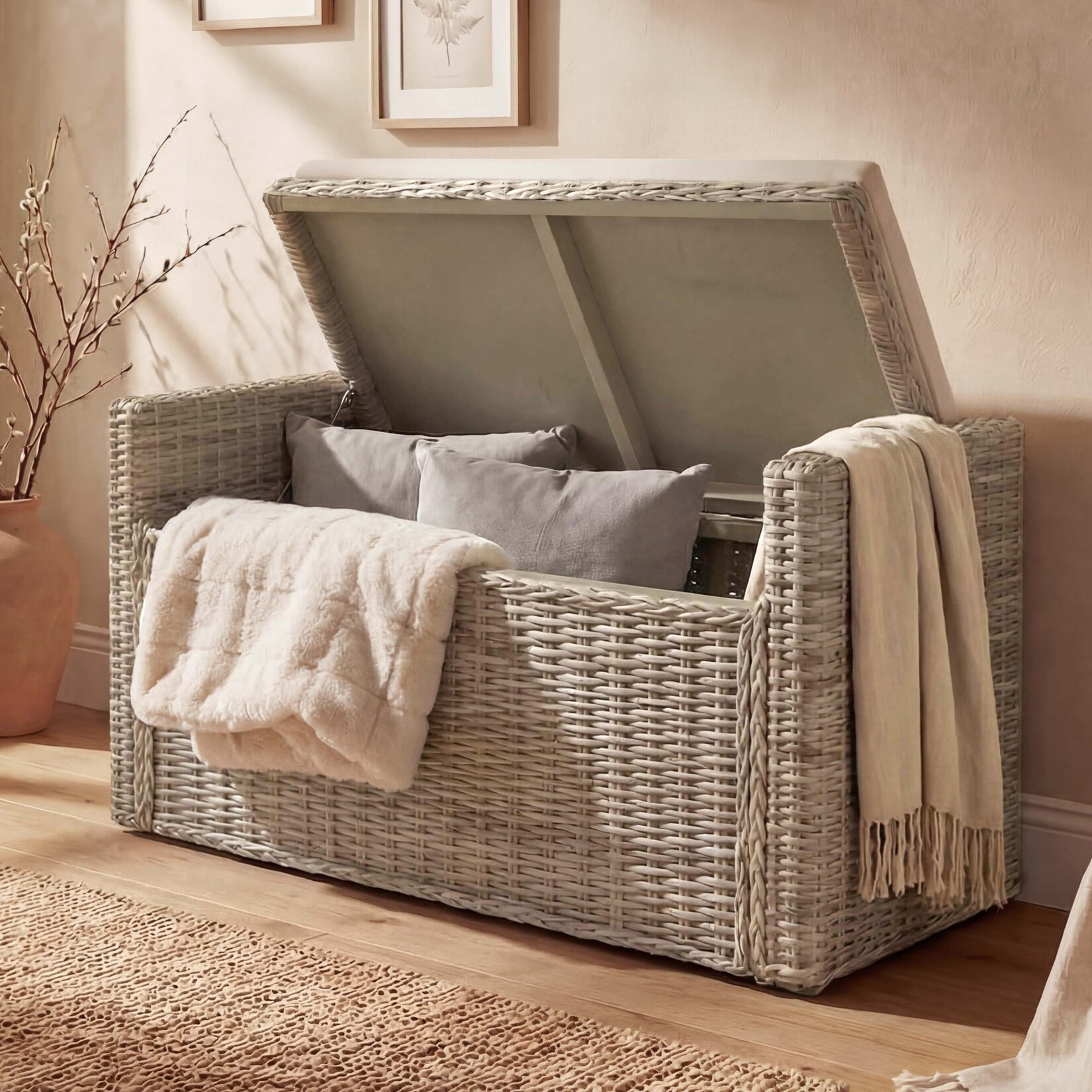 Aufbewahrungstruhe Genua, Truhe Sitzbank Garderobenbank, Kissen Kubu Rattan 88cm ~ kubu grau