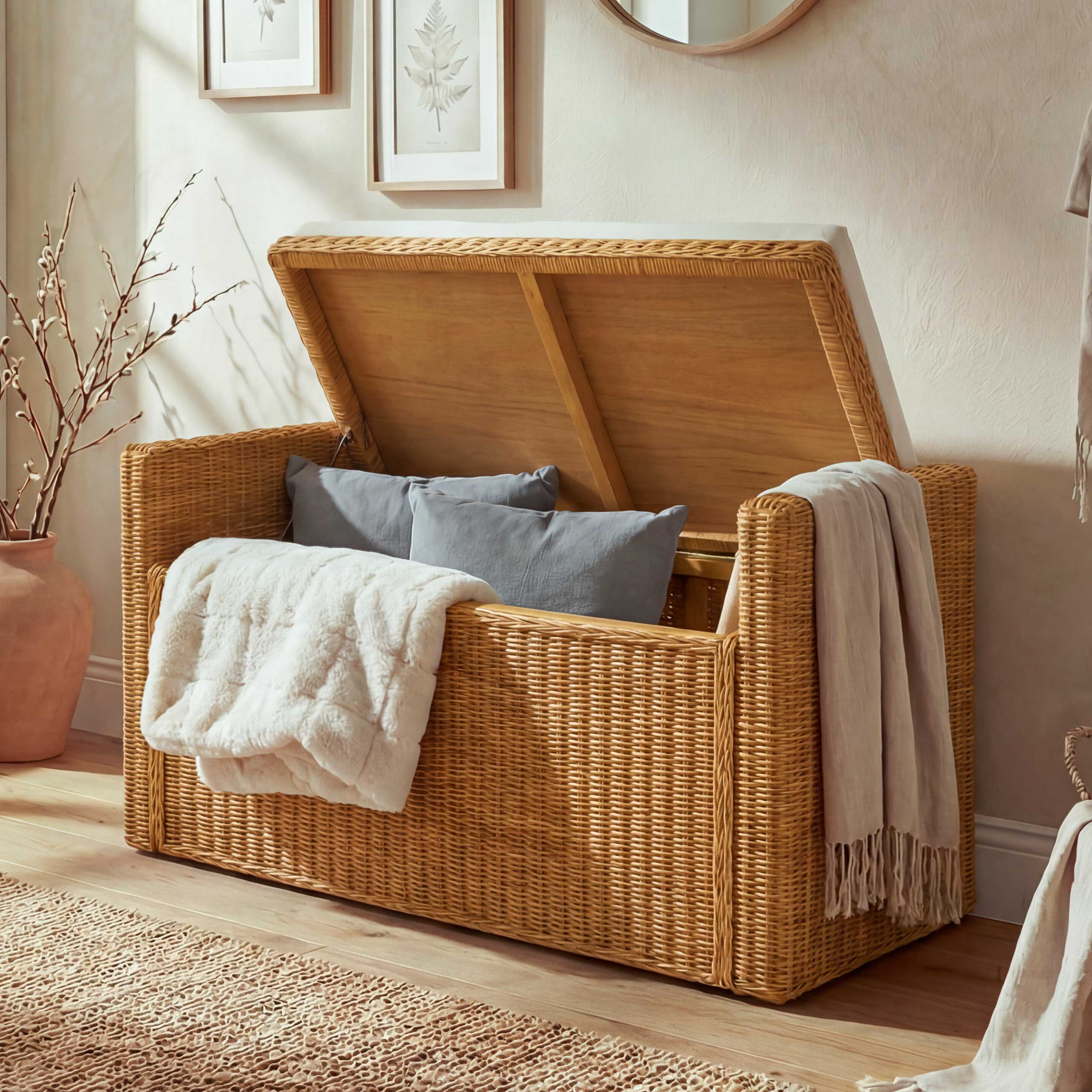 Aufbewahrungstruhe Genua, Truhe Sitzbank Garderobenbank, Kissen Kubu Rattan 88cm ~ honigfarben - Bild 1