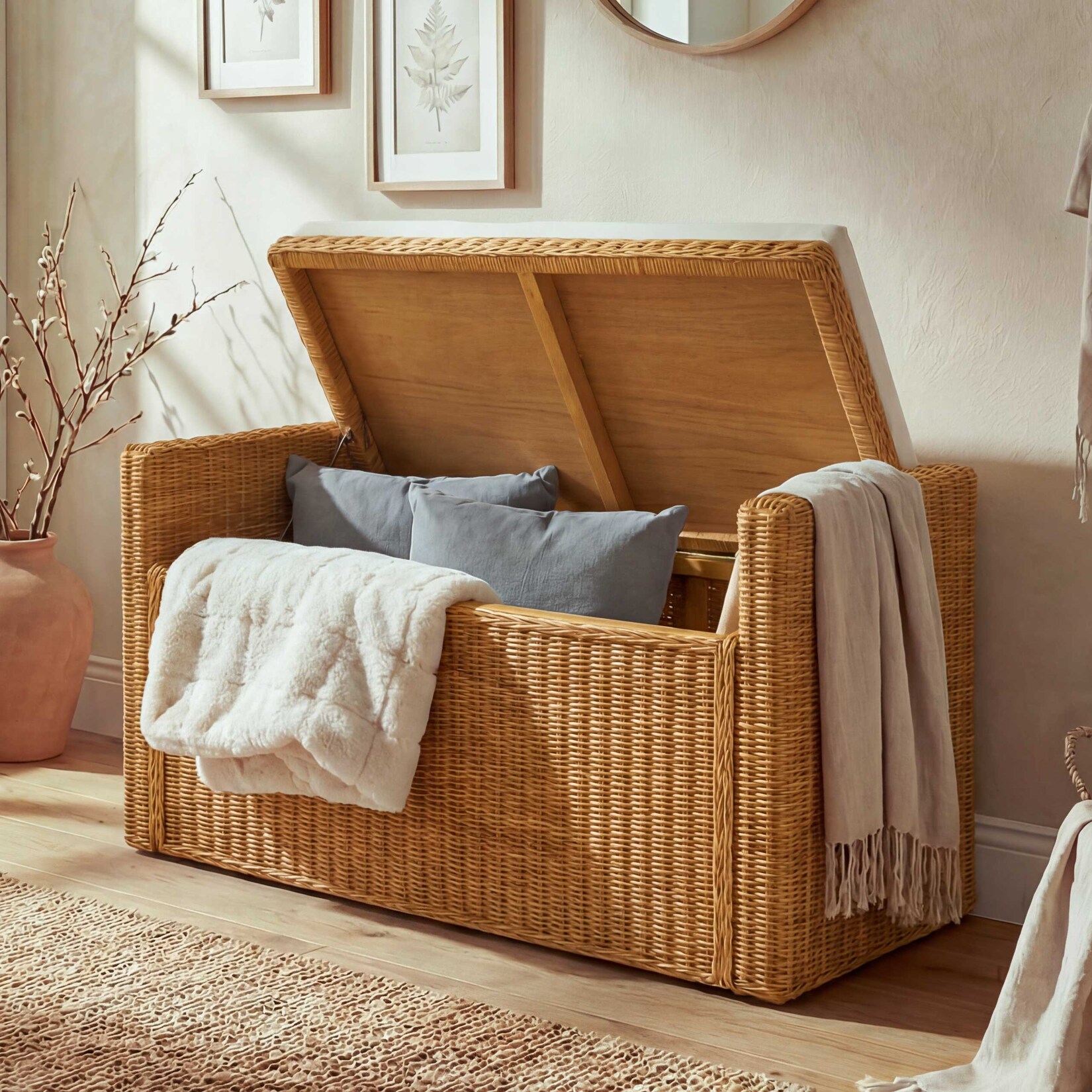 Aufbewahrungstruhe Genua, Truhe Sitzbank Garderobenbank, Kissen Kubu Rattan 88cm ~ honigfarben