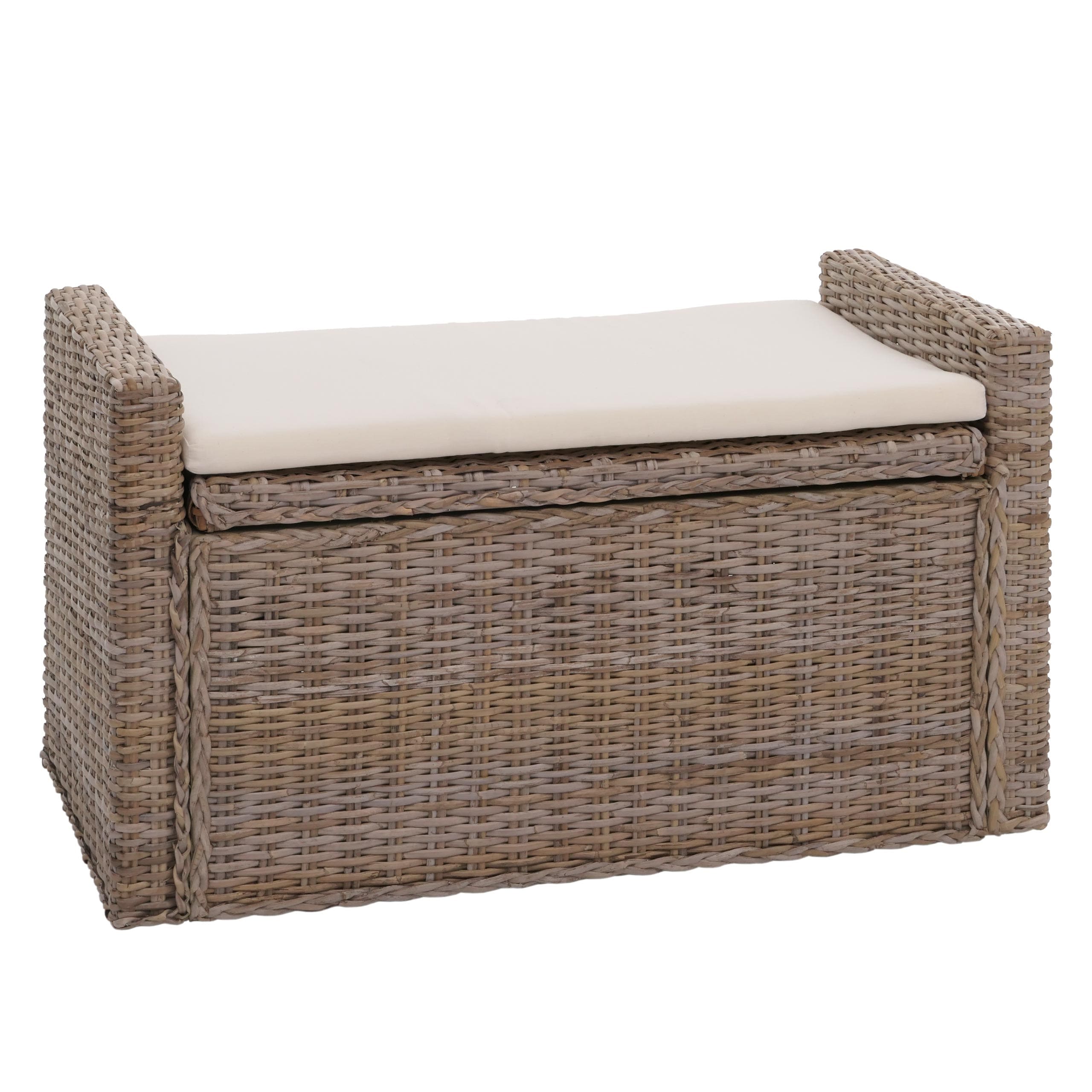 Aufbewahrungstruhe Genua, Truhe Sitzbank Garderobenbank, Kissen Kubu Rattan 88cm ~ grau-braun - Bild 1