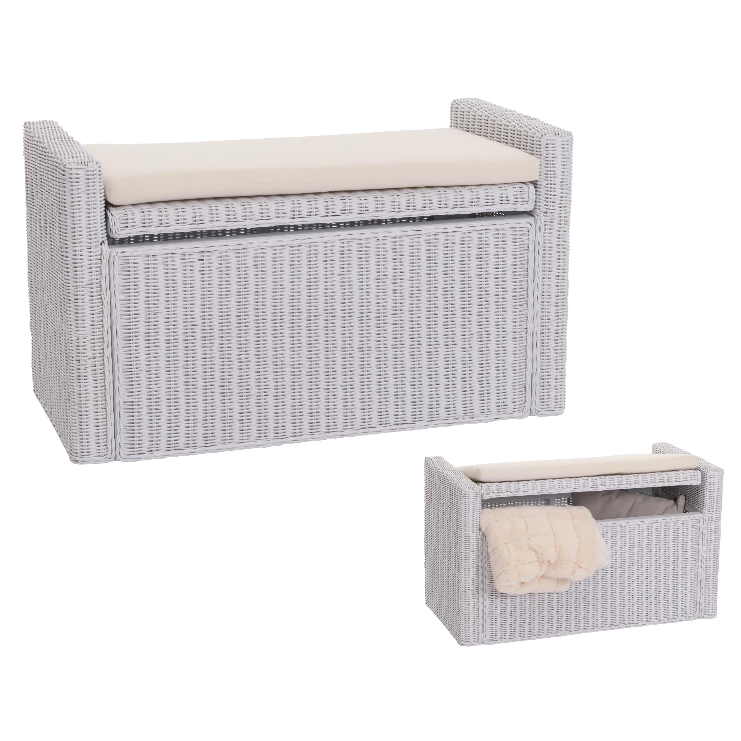 Sitzbank Genua Garderobenbank Bank Sitzhocker, mit Stauraum Kissen Kubu Rattan 88cm ~ wei&szlig; - Bild 1