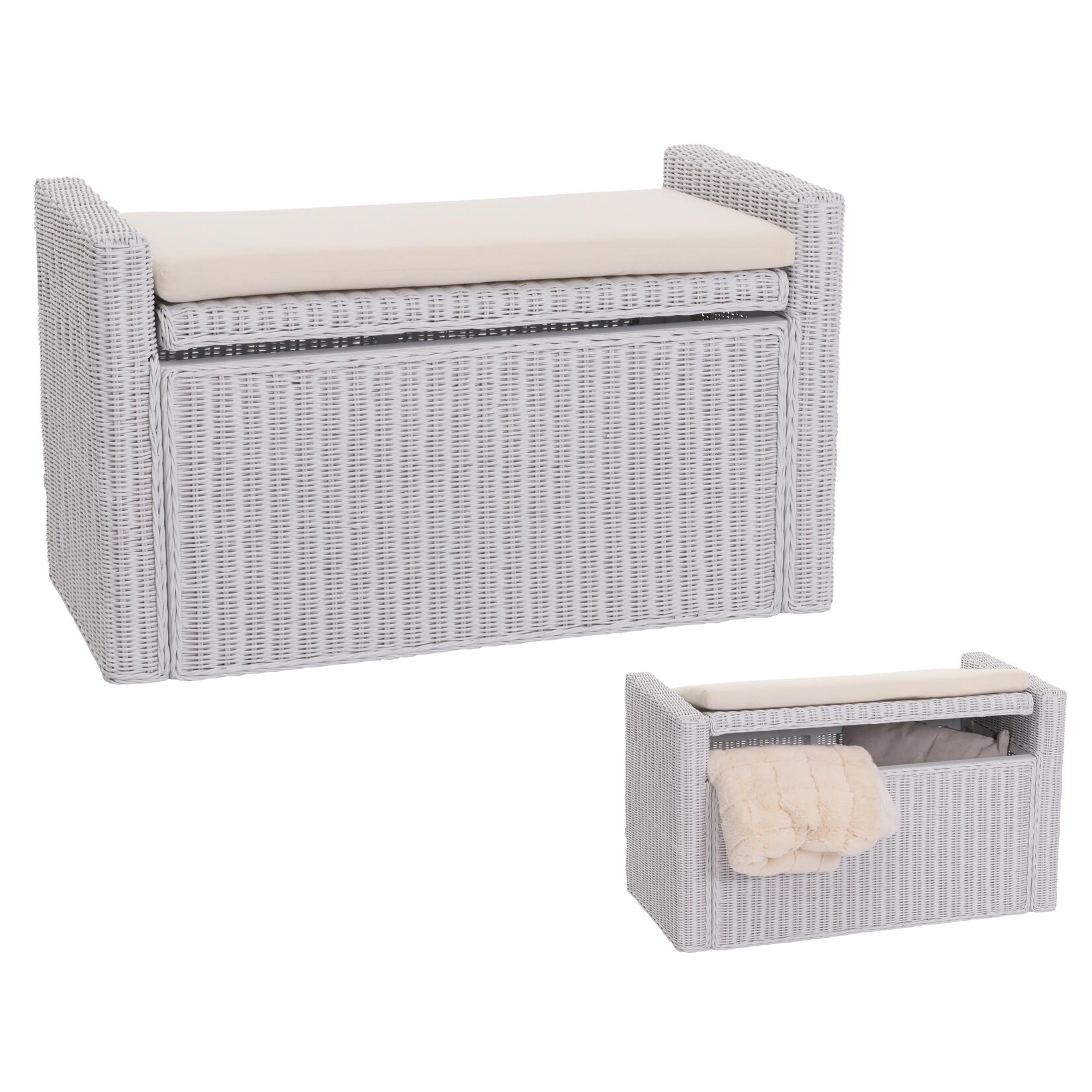 Sitzbank Genua Garderobenbank Bank Sitzhocker, mit Stauraum Kissen Kubu Rattan 88cm ~ weiß | 04057651105826
