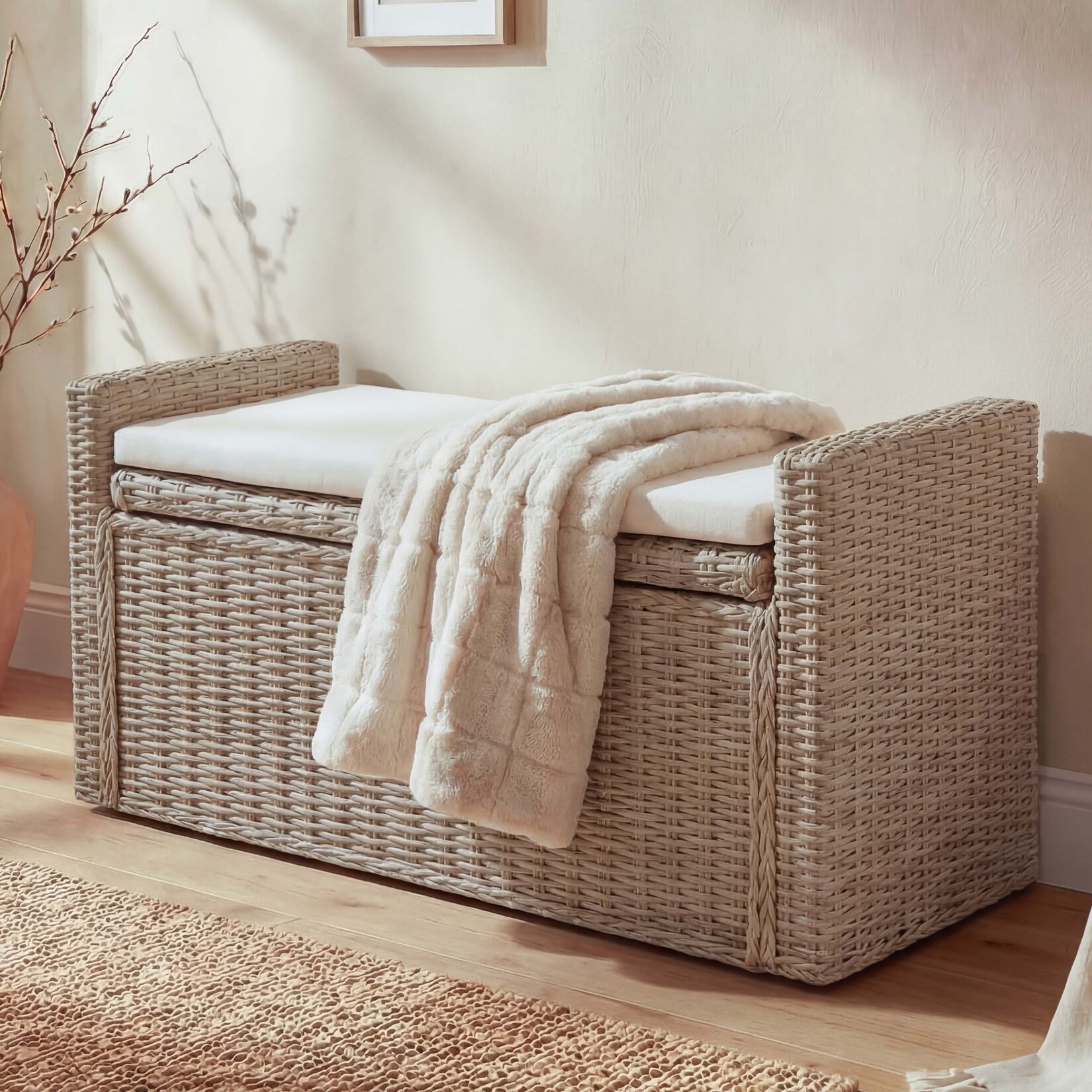 Sitzbank Genua Garderobenbank Bank Sitzhocker, mit Stauraum Kissen Kubu Rattan 88cm ~ kubu grau
