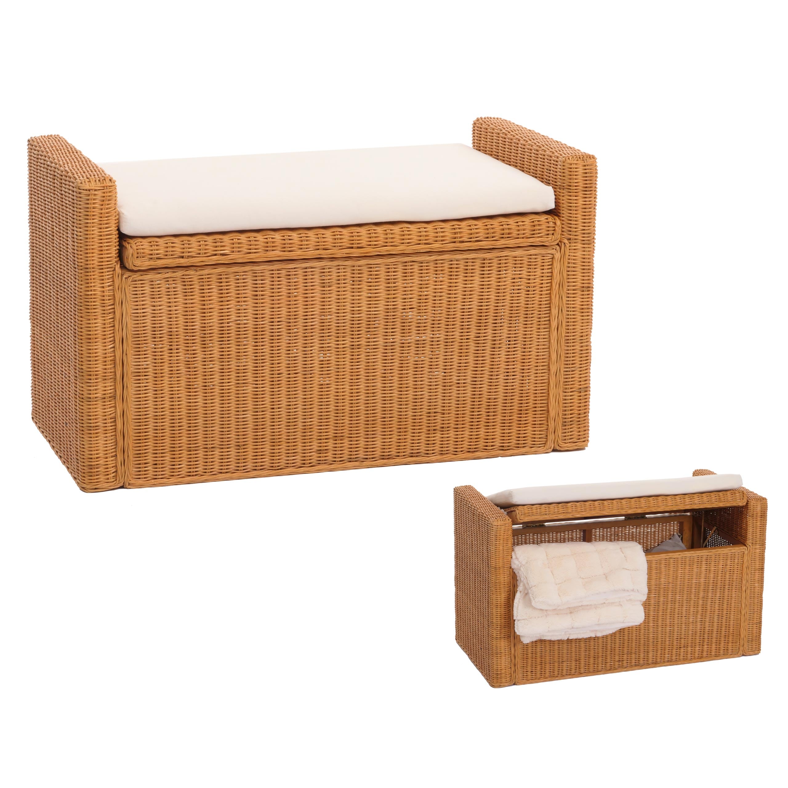 Sitzbank Genua Garderobenbank Bank Sitzhocker, mit Stauraum Kissen Kubu Rattan 88cm ~ honigfarben - Bild 1