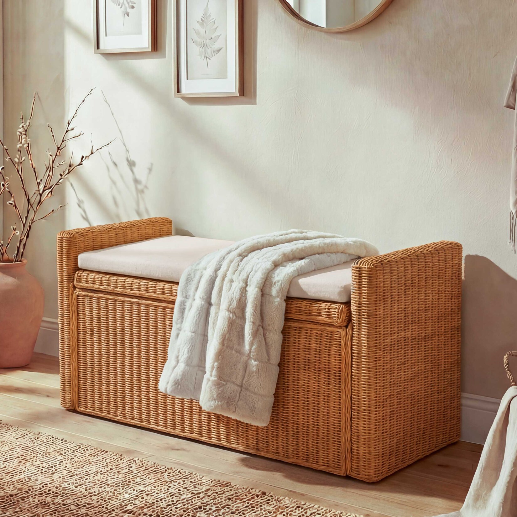 Sitzbank Genua Garderobenbank Bank Sitzhocker, mit Stauraum Kissen Kubu Rattan 88cm ~ honigfarben