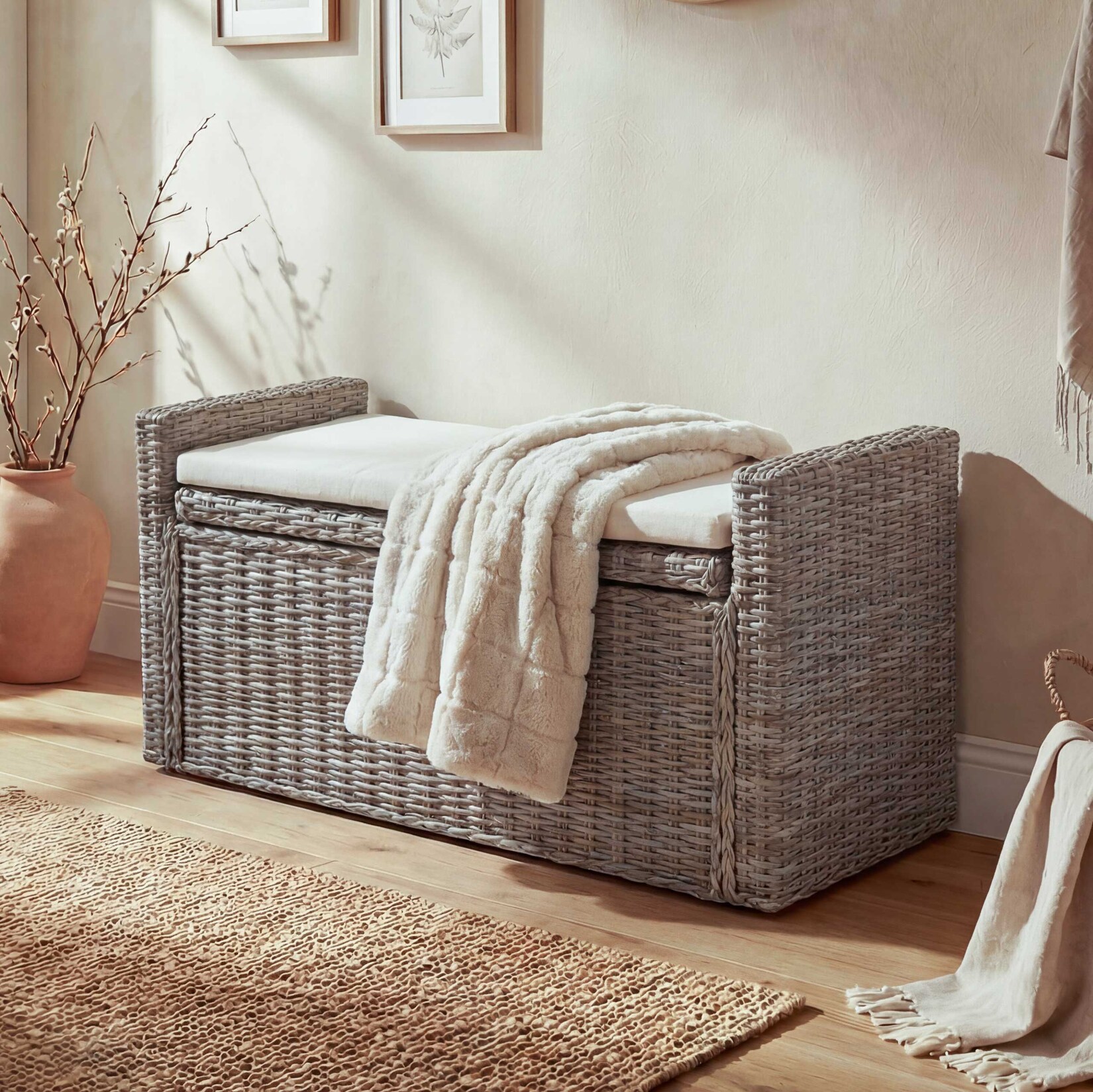 Sitzbank Genua Garderobenbank Bank Sitzhocker, mit Stauraum Kissen Kubu Rattan 88cm ~ grau-braun