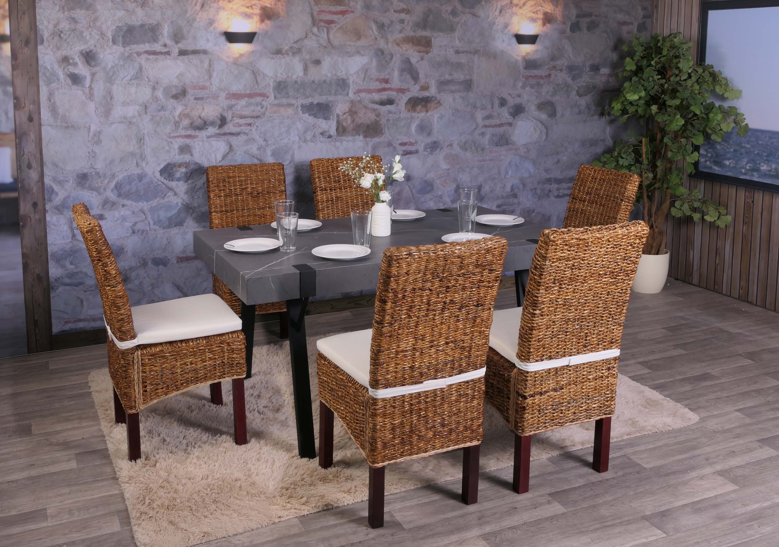 Esszimmerstuhl Loiret, Korbgeflecht (6er-Set) ~ hell, mit Kissen - Bild 1