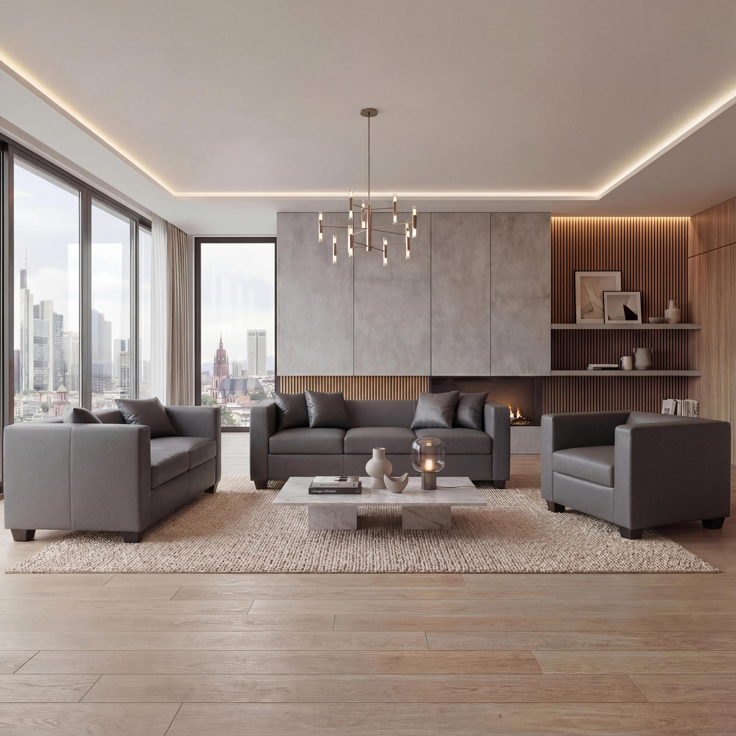 3-2-1 Couchgarnitur Lille ~ Kunstleder, dunkelgrau - Bild 1