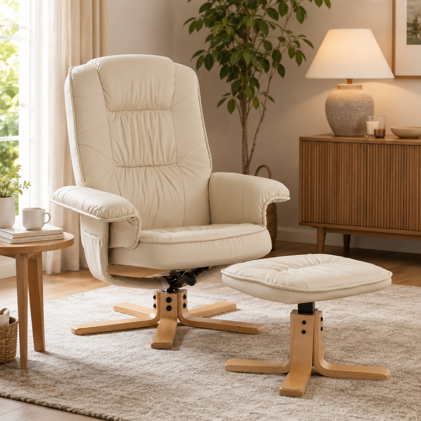 Relaxsessel H56, Fernsehsessel TV-Sessel mit Hocker Ottomane, Kunstleder Eukalyptus Holz MVG-zertifiziert ~ creme