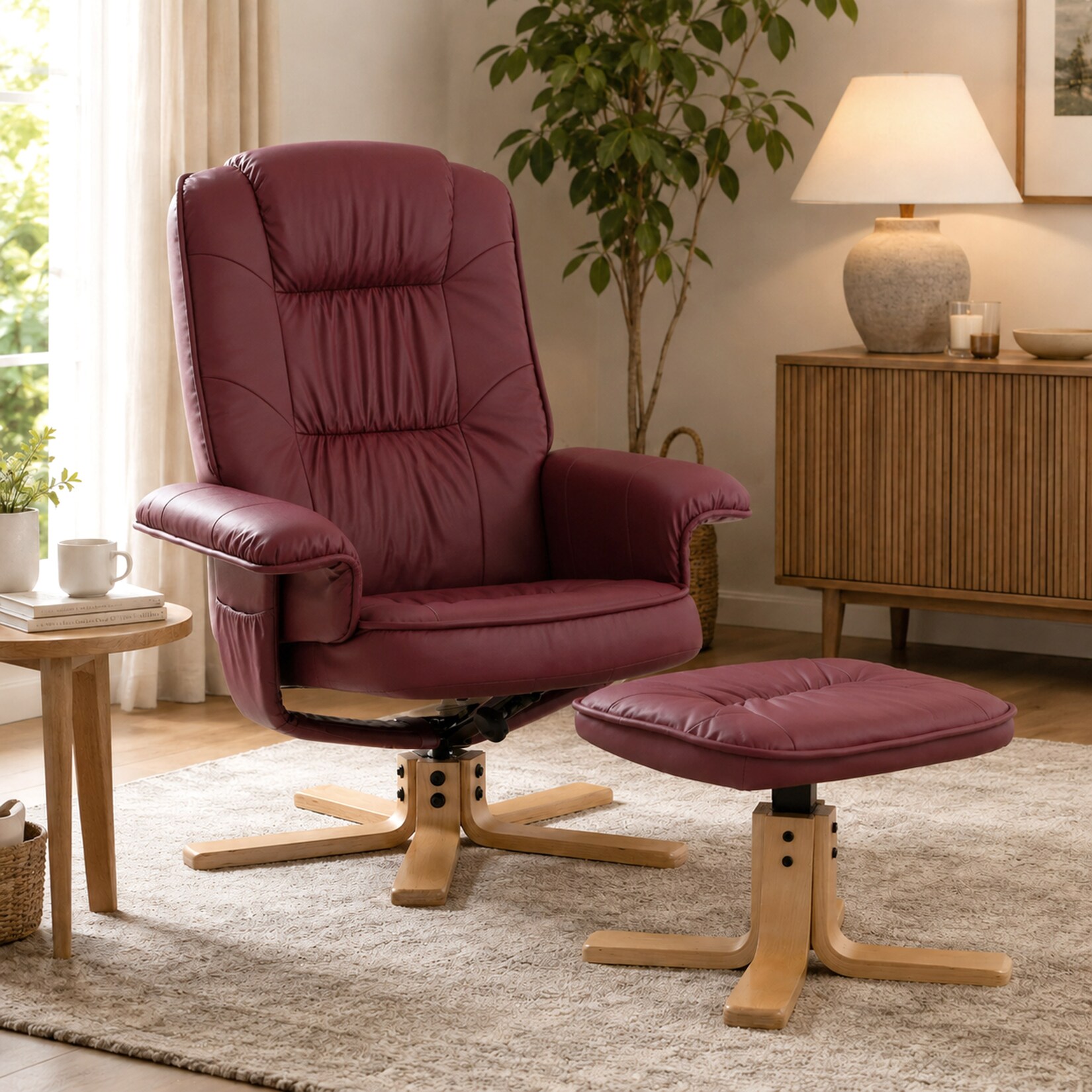 Relaxsessel H56, Fernsehsessel TV-Sessel mit Hocker Ottomane, Kunstleder Eukalyptus Holz MVG-zertifiziert ~ bordeaux