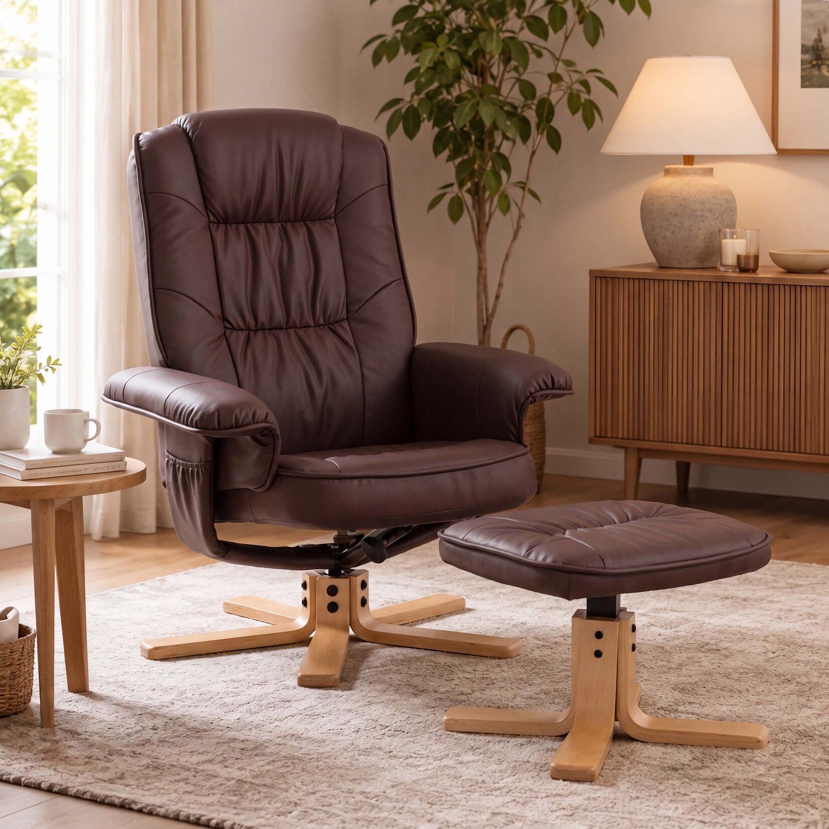 Relaxsessel H56, Fernsehsessel TV-Sessel mit Hocker Ottomane, Kunstleder Eukalyptus Holz MVG-zertifiziert ~ rot-braun