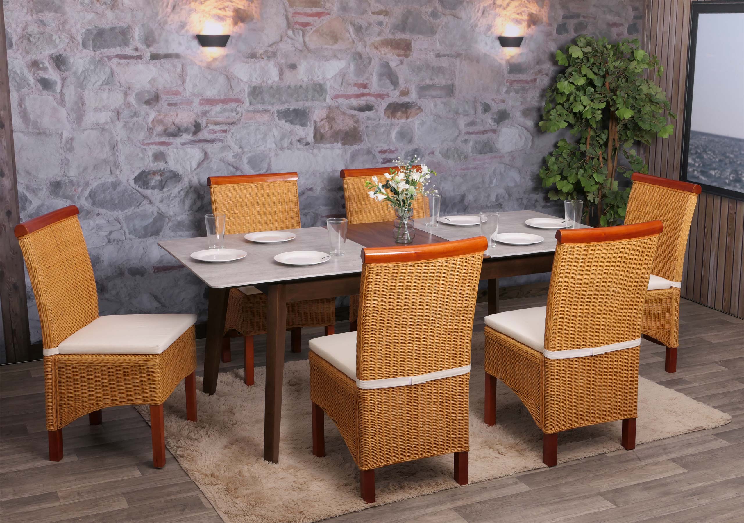 6er-Set Esszimmerstuhl Var, Korbgeflecht Mit Sitzkissen - Bild 1