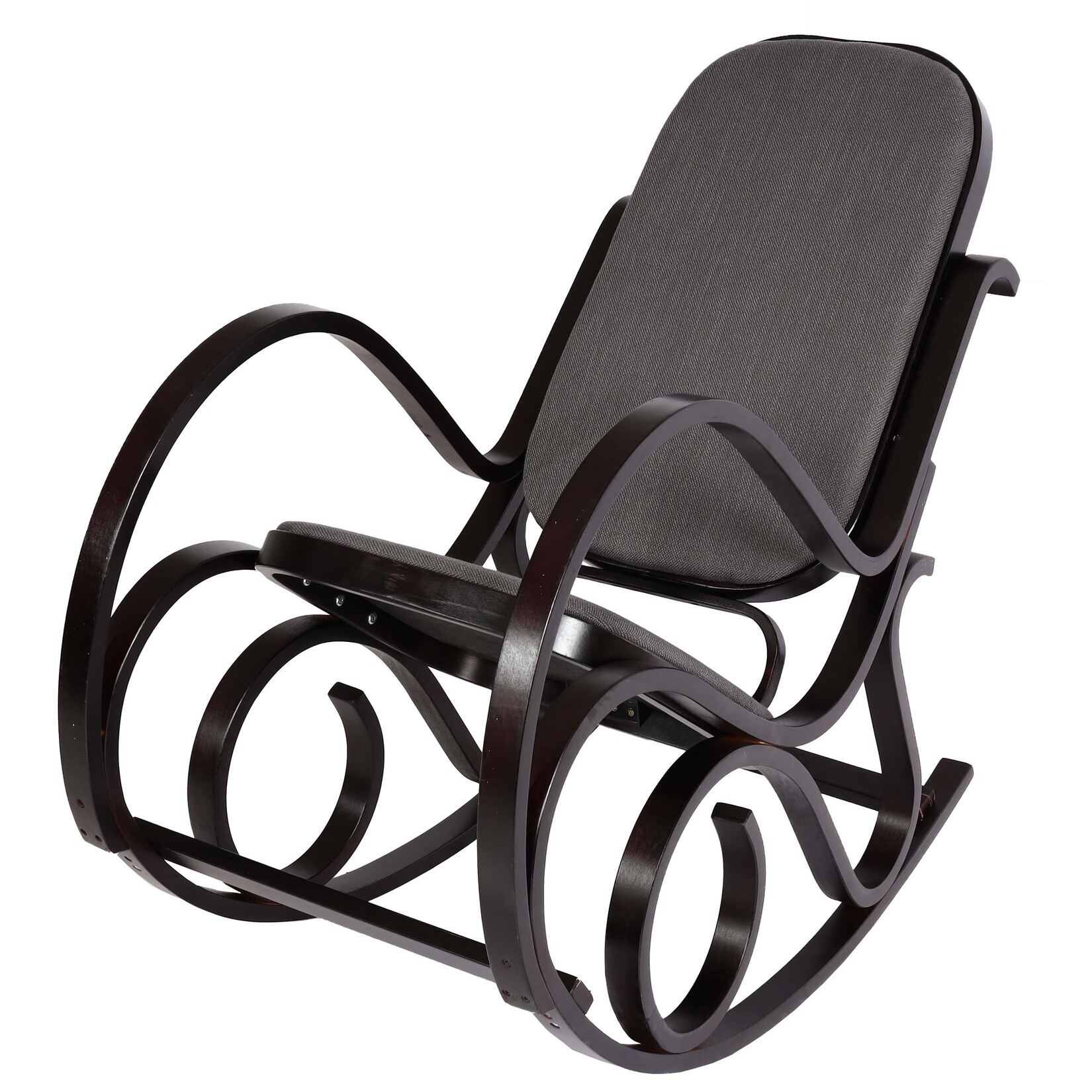 Schaukelstuhl Gallarate, Schwingsessel Fernsehsessel, Massiv-Holz ~ Walnuss-Optik, Stoff/Textil anthrazit-grau