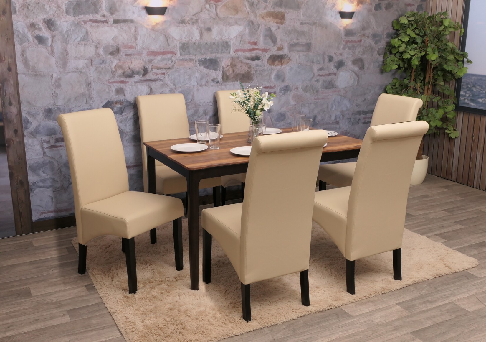 6er-Set Esszimmerstuhl Cesena ~ Leder, creme, dunkle Füße