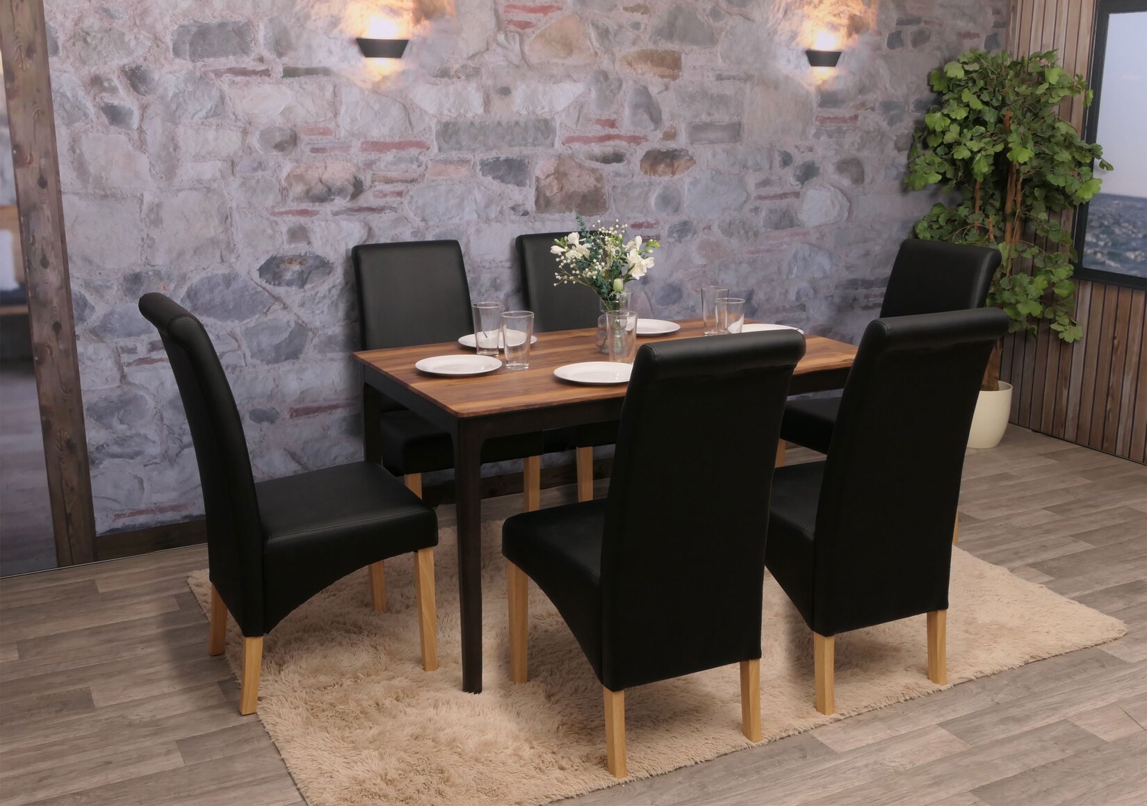 6er-Set Esszimmerstuhl Cesena ~ Kunstleder matt, schwarz, helle Füße