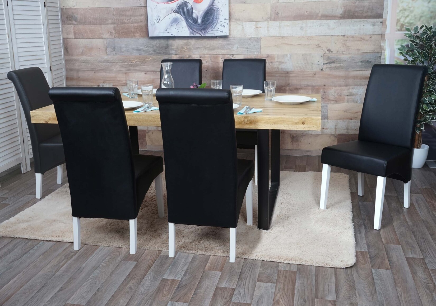6er-Set Esszimmerstuhl Küchenstuhl Stuhl Cesena ~ Leder, schwarz, weiße Füße
