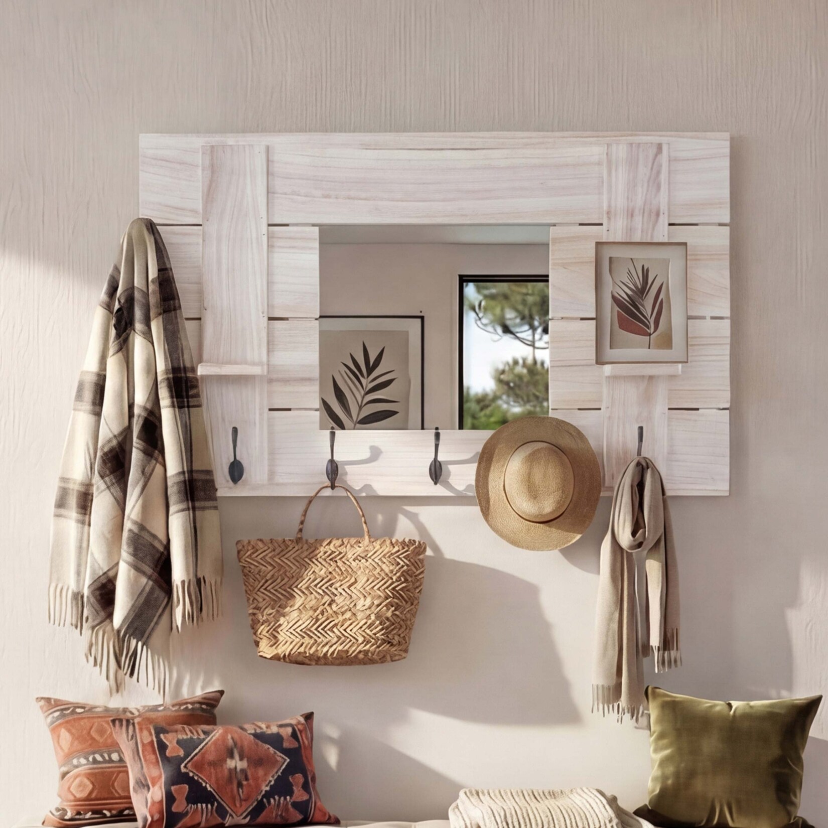 Wandgarderobe MCW-C89 mit Spiegel, Garderobenpaneel Garderobe, Shabby-Look Vintage, 5 Haken 90x60cm ~ naturbraun | 04057651299228