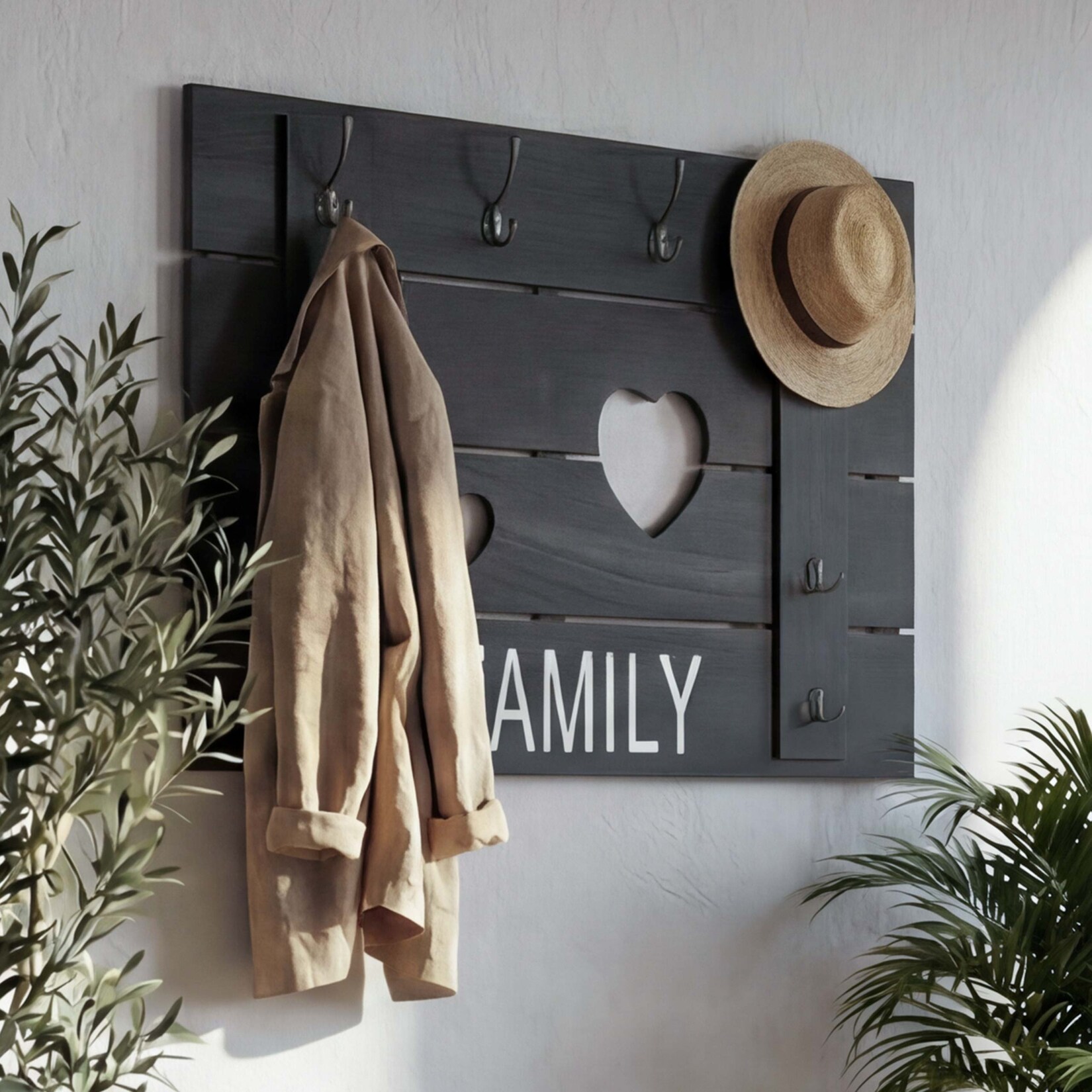 Wandgarderobe MCW-C89 Family, Garderobenpaneel Garderobe, Shabby-Look Vintage, 8 Haken 60x90cm ~ dunkelgrau, shabby