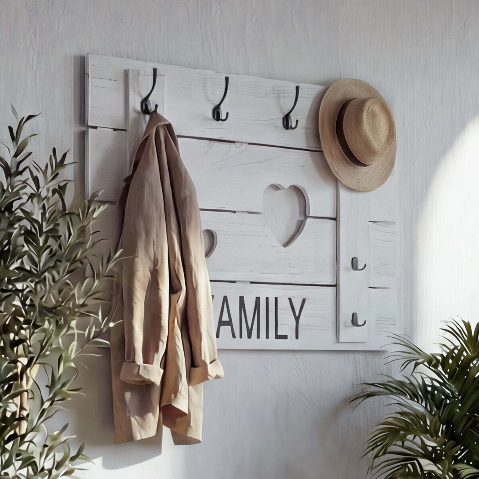 Wandgarderobe MCW-C89 Family, Garderobenpaneel Garderobe, Shabby-Look Vintage, 8 Haken 60x90cm ~ weiß, shabby