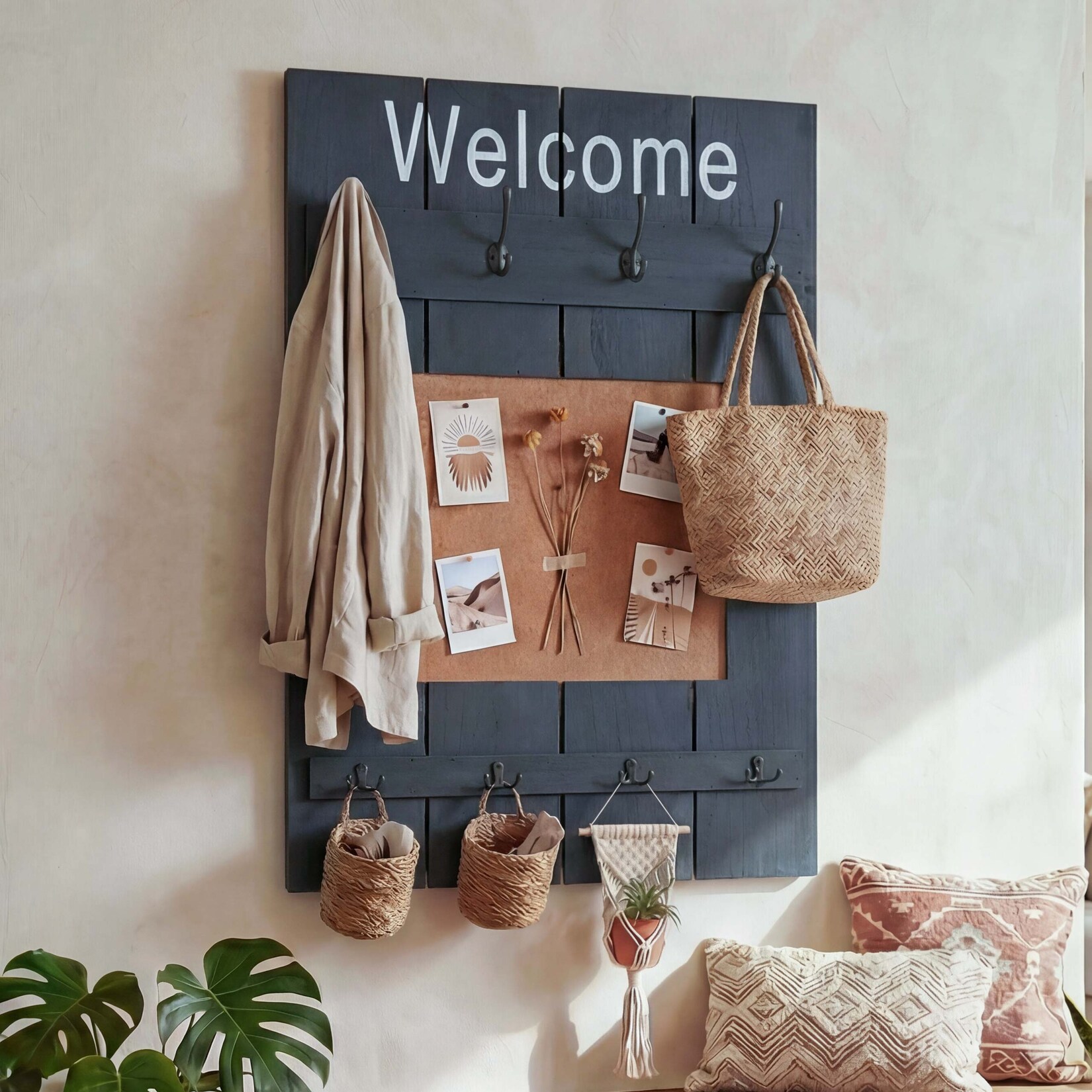 Wandgarderobe MCW-C89 mit Pinnwand, Garderobenpaneel, Shabby-Look Vintage, 8 Haken 91x60cm ~ dunkelgrau, shabby